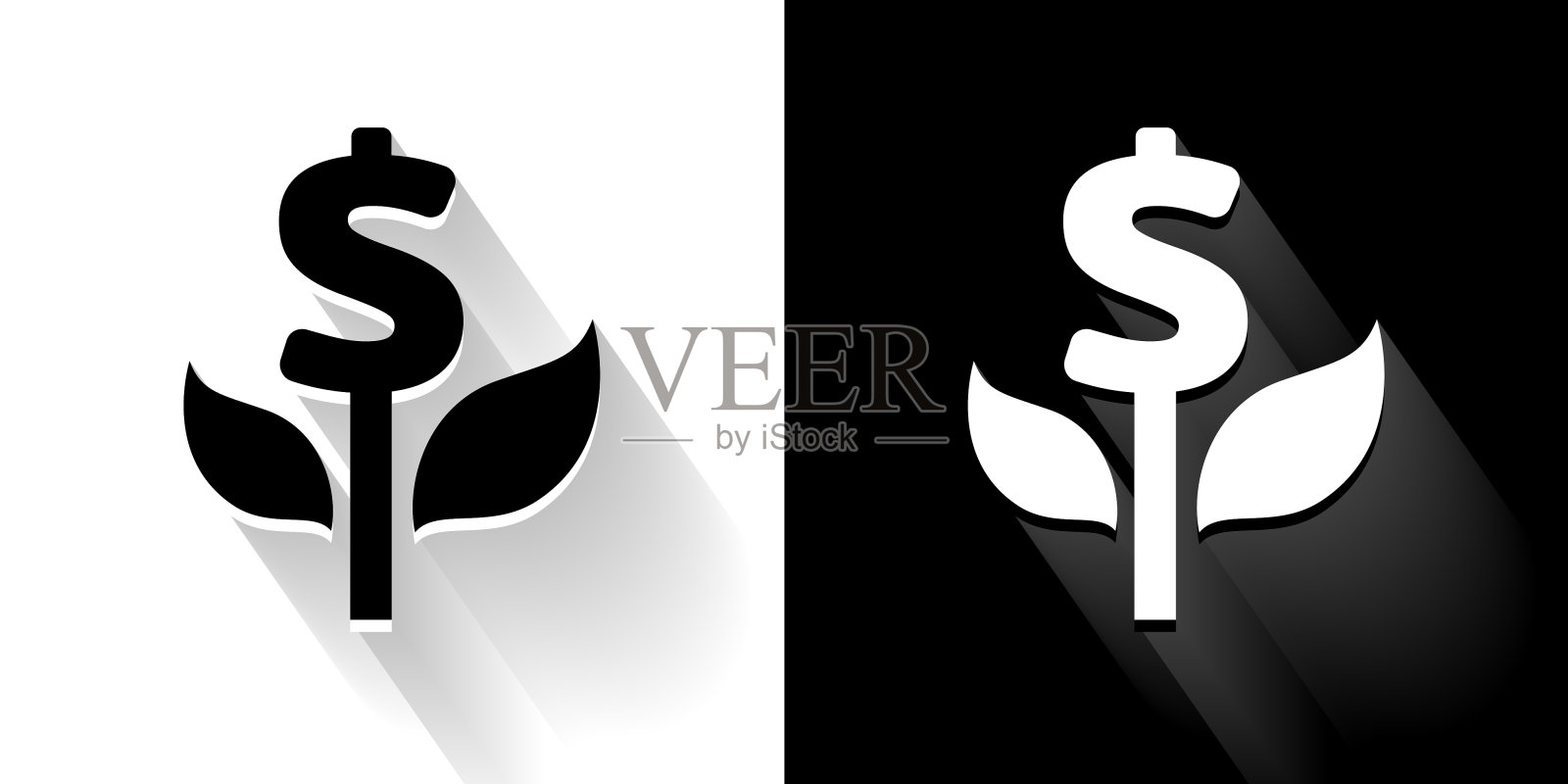 金钱树黑色和白色图标与长影子插画图片素材