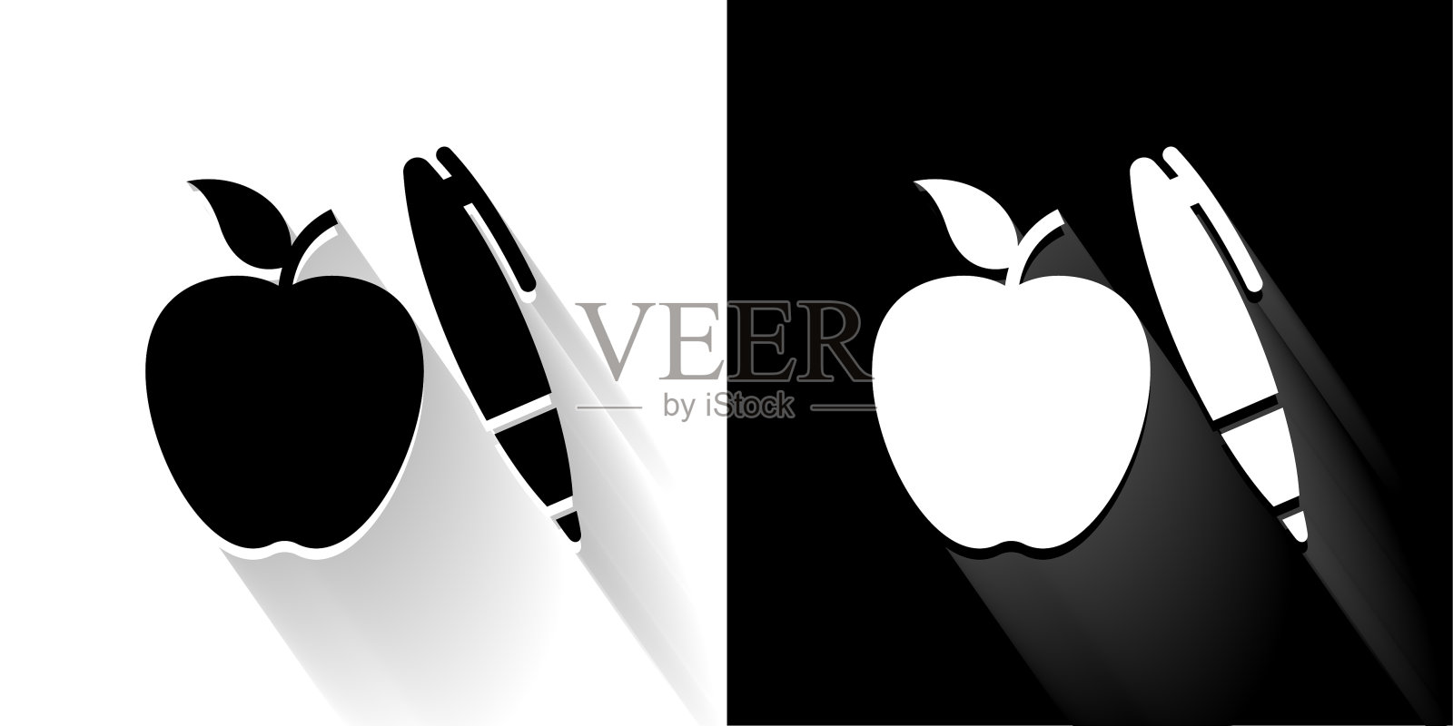 苹果和笔黑色和白色图标与长影子插画图片素材