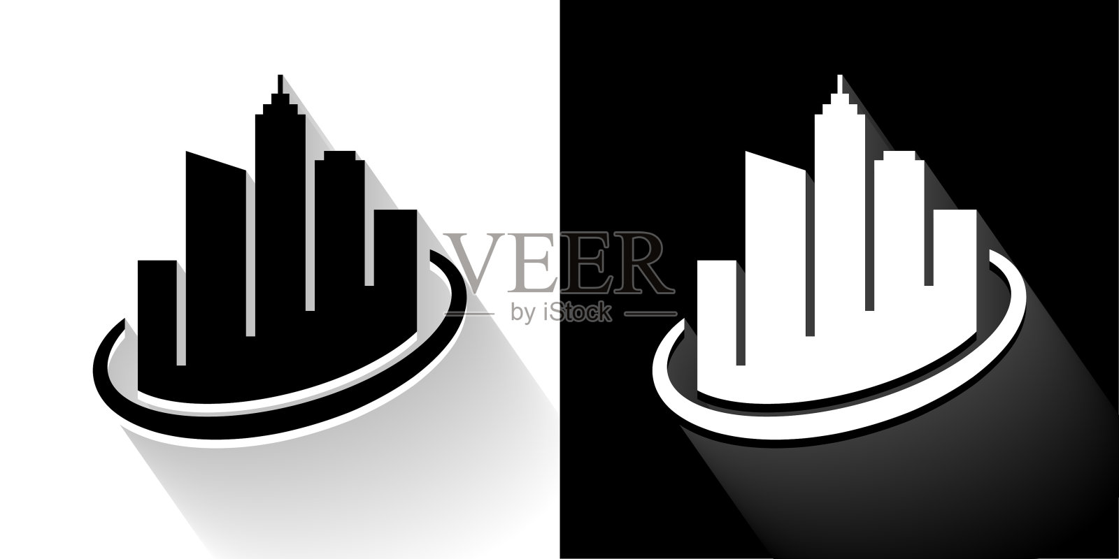 城市景观建筑黑色和白色图标与长影子插画图片素材
