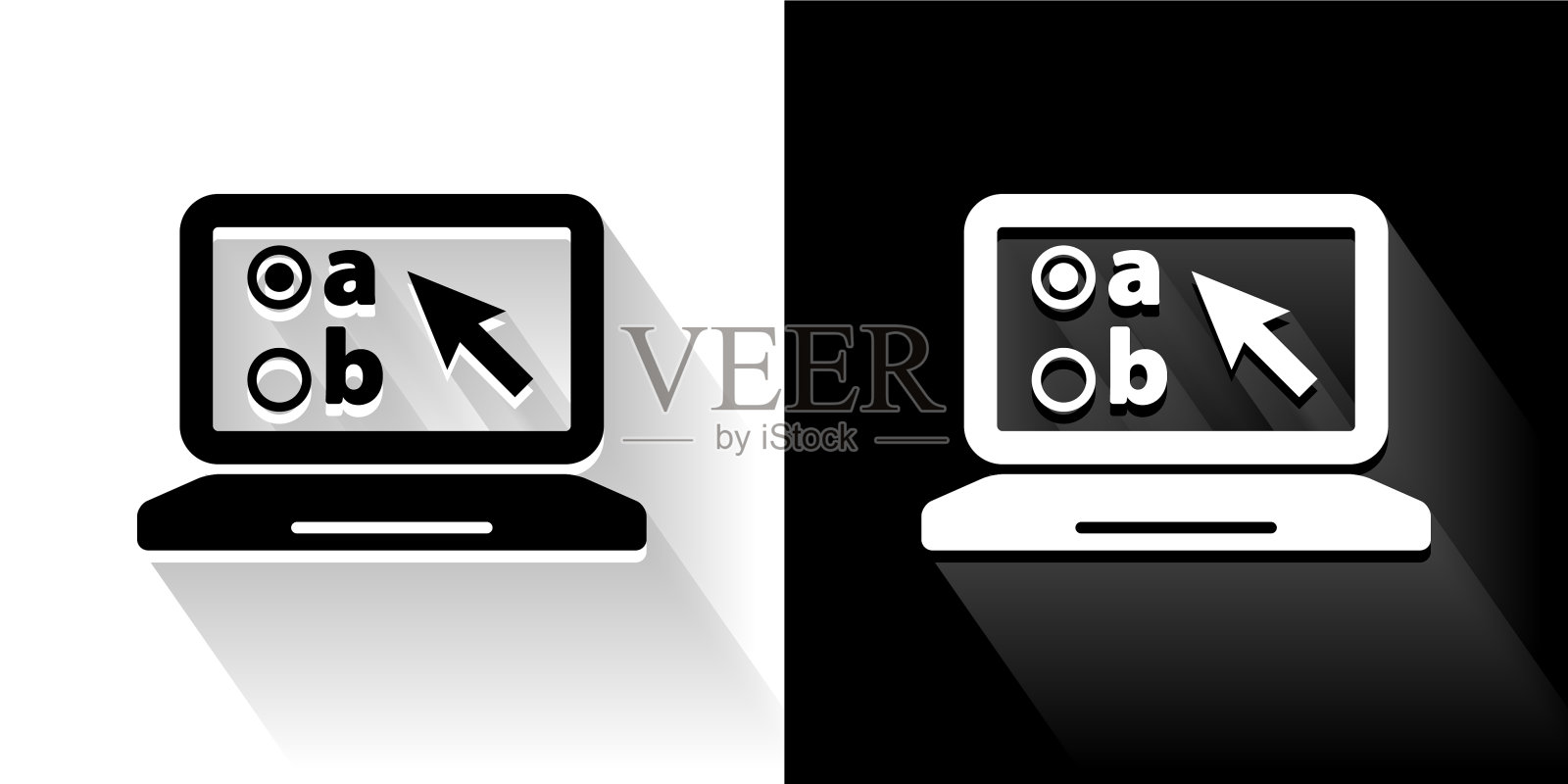 笔记本电脑和在线测试长影黑白图标插画图片素材