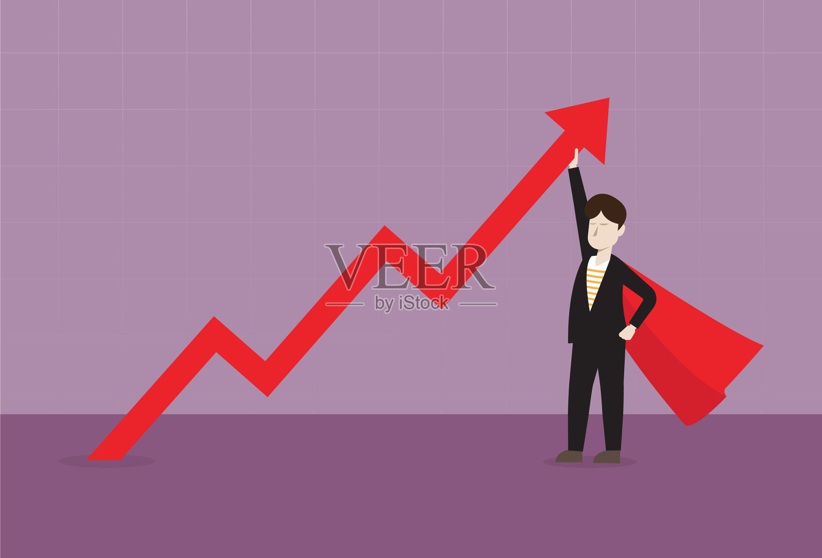 商人与红斗篷持有一个红色箭头股票市场图表插画图片素材