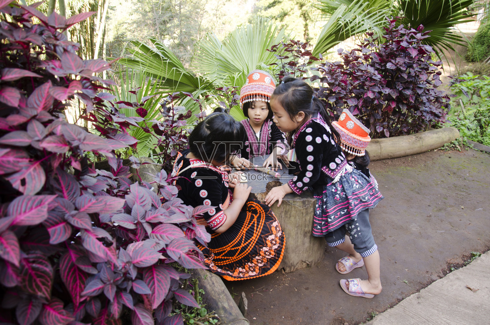 苗族儿童穿着传统服装,与朋友玩耍照片摄影图片