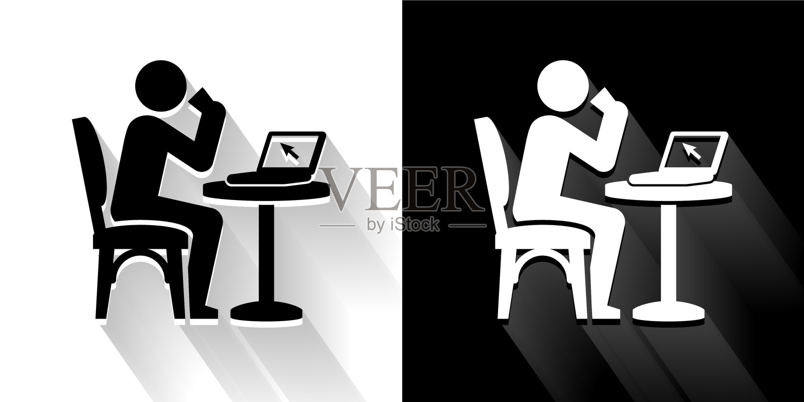 饮用和工作黑色和白色图标与长影子插画图片素材