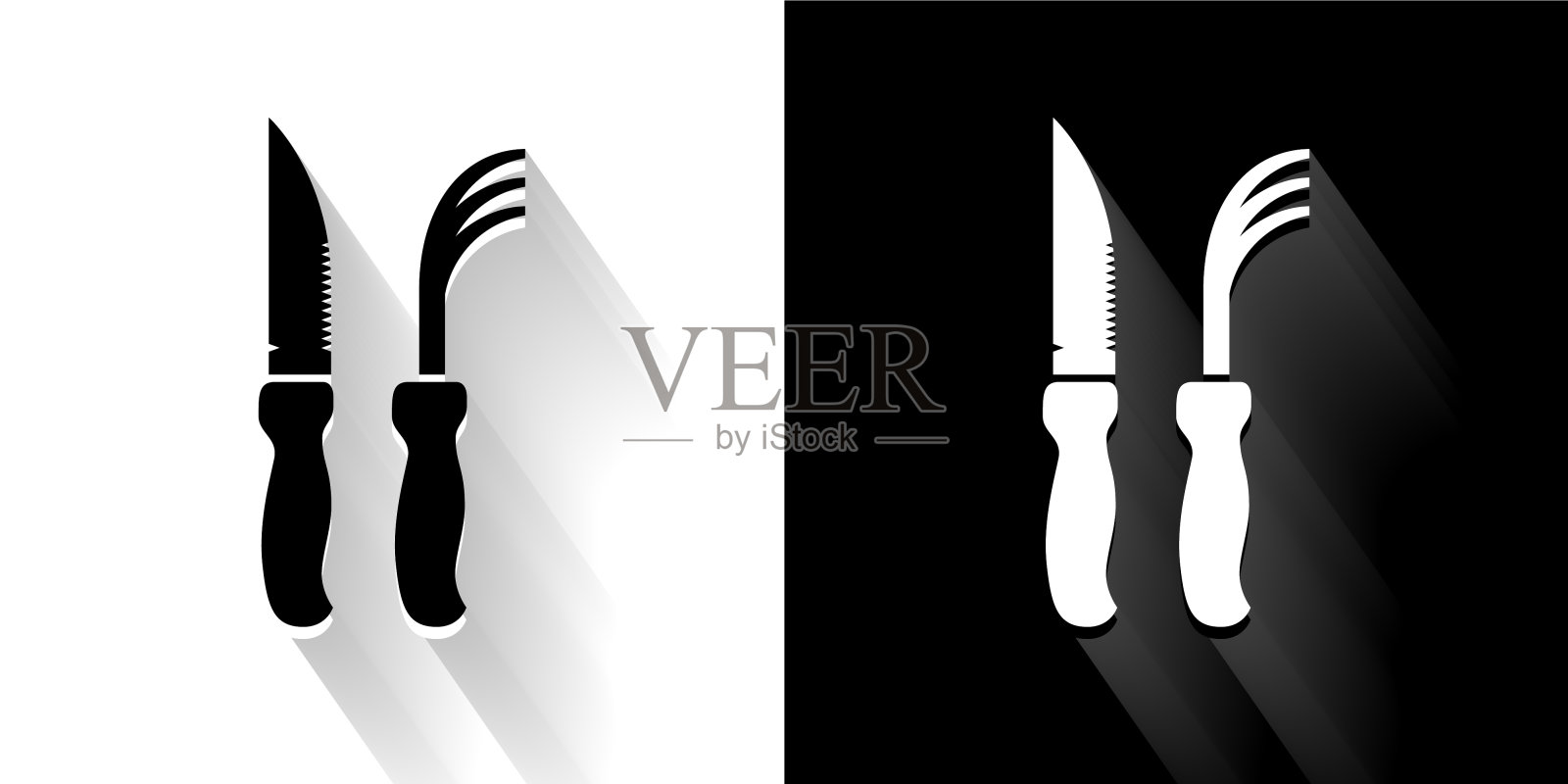 园艺工具黑色和白色图标与长影子插画图片素材