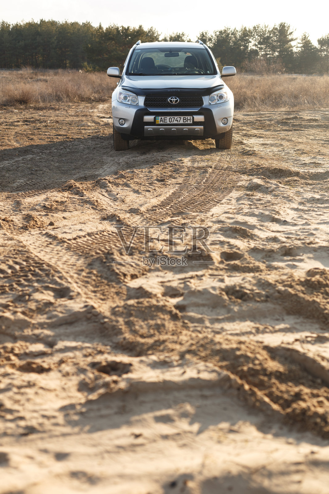 丰田RAV4 2006灰色的沙漠中，靠近森林，在日落的空地上照片摄影图片