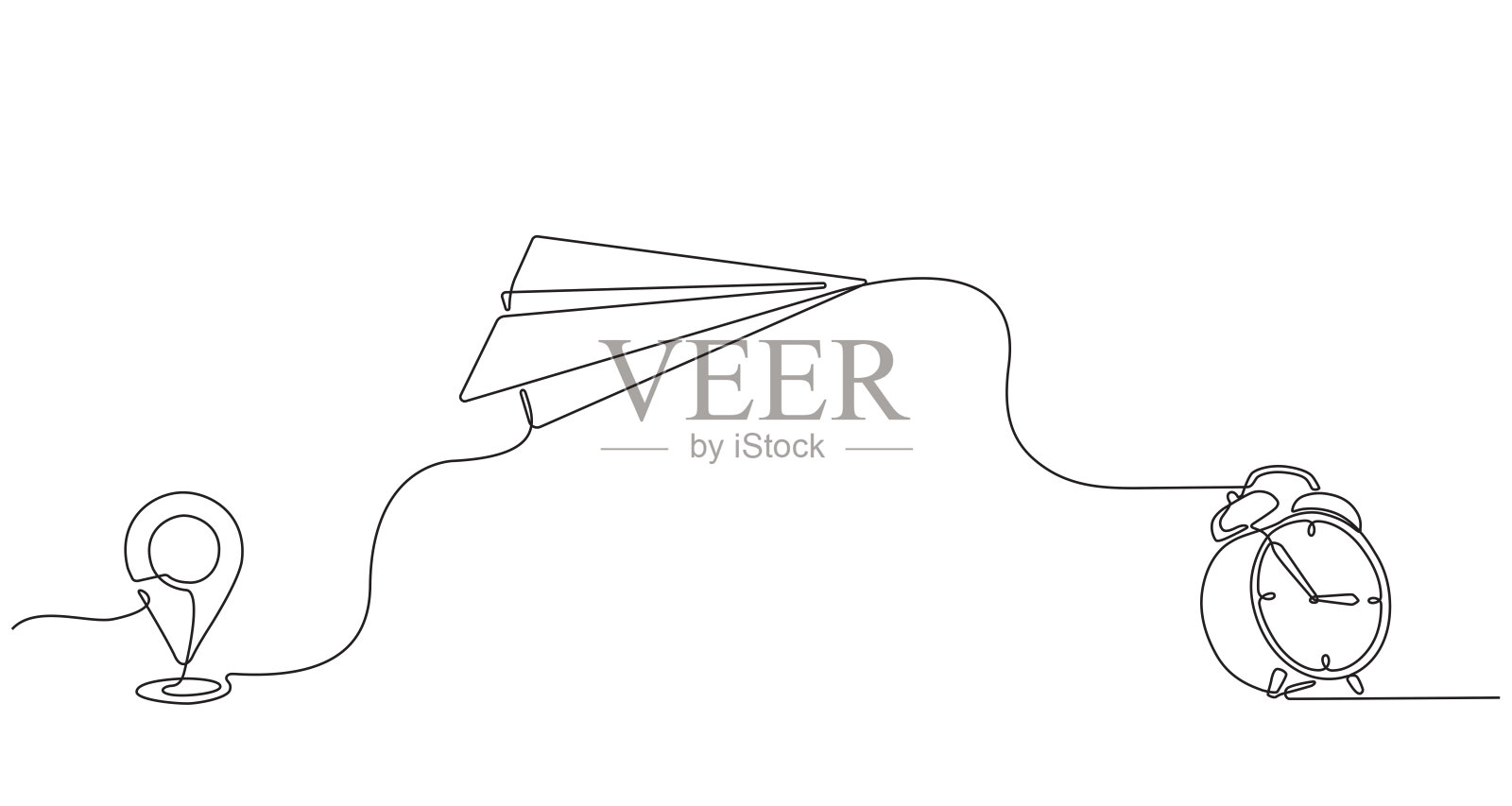 连续的线画飞行的纸飞机连接到一个闹钟插画图片素材