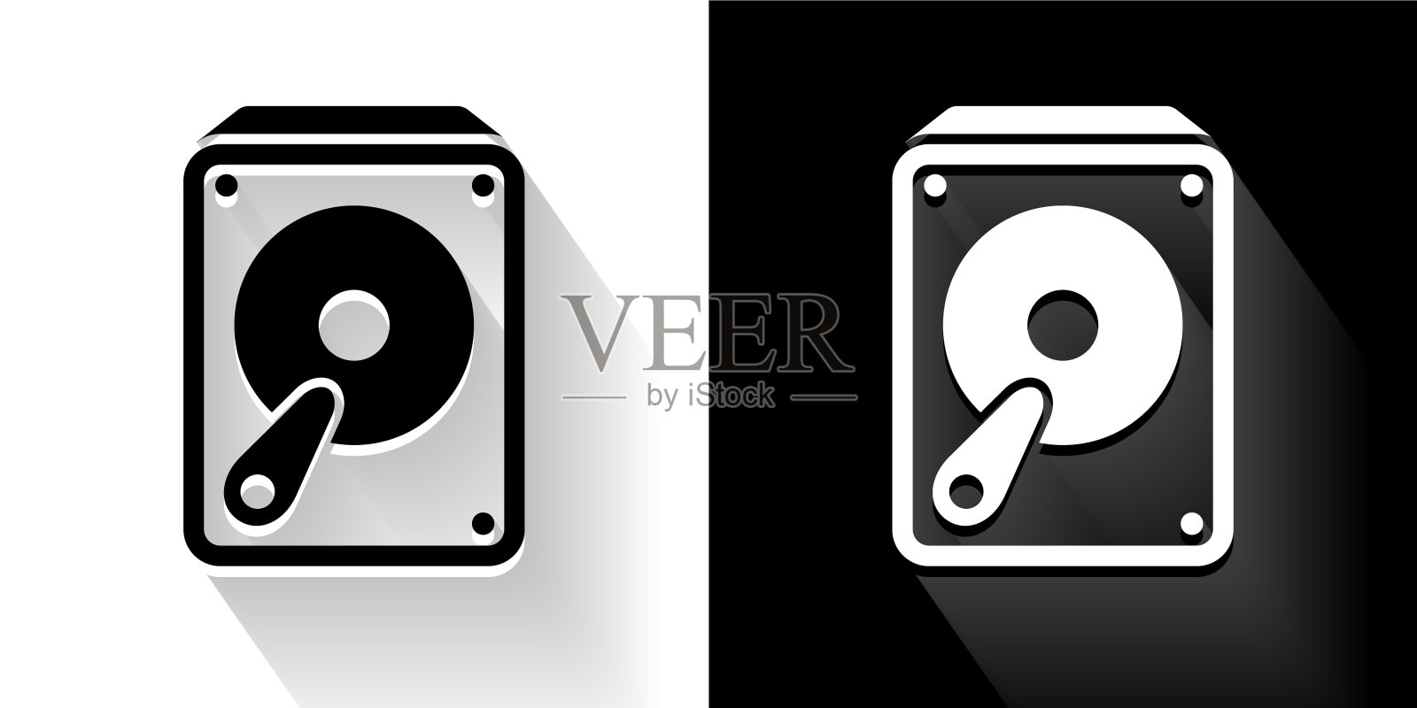 硬盘驱动器黑色和白色图标与长影子插画图片素材