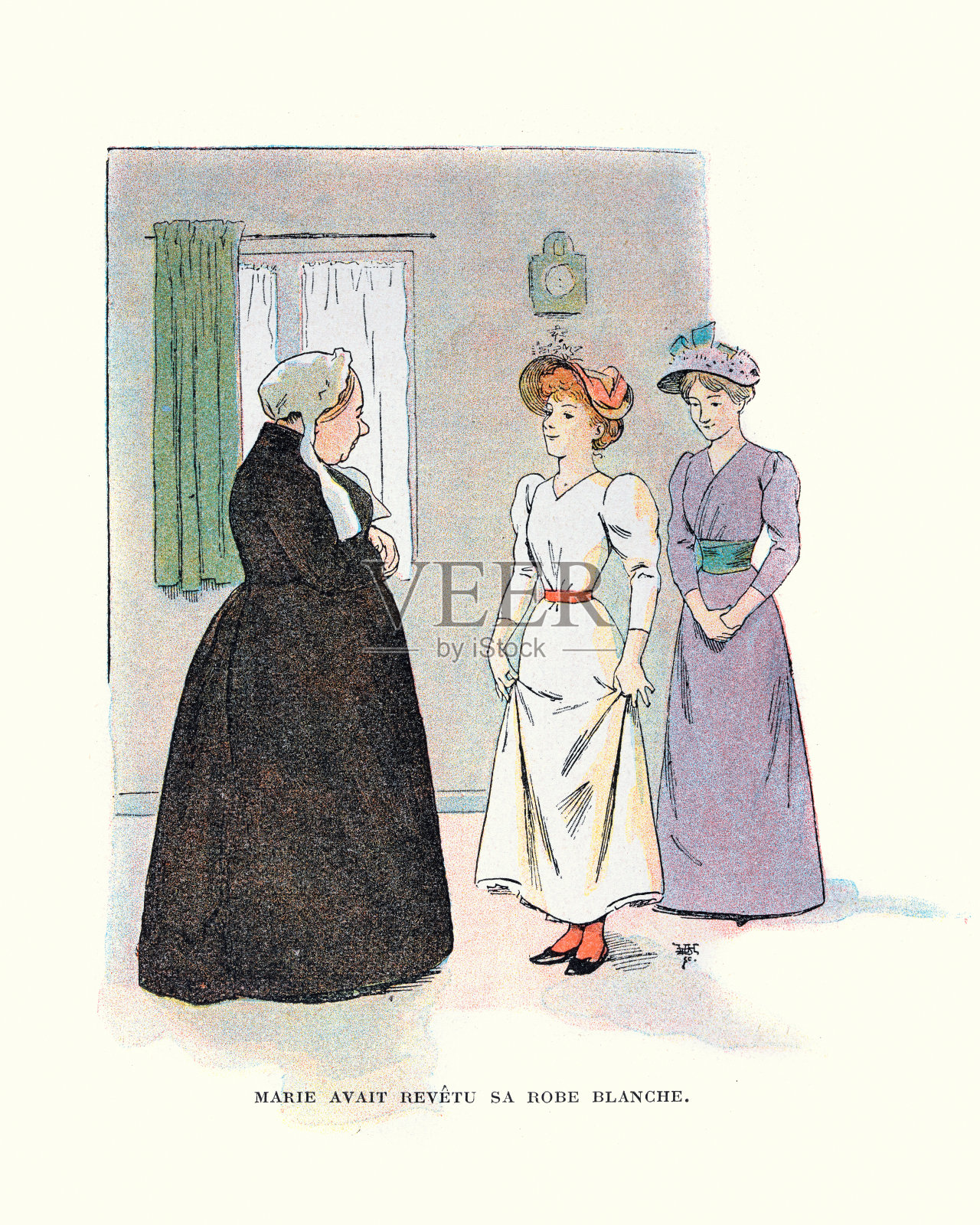 十几岁的女孩炫耀她的新白色连衣裙，维多利亚时代插画图片素材