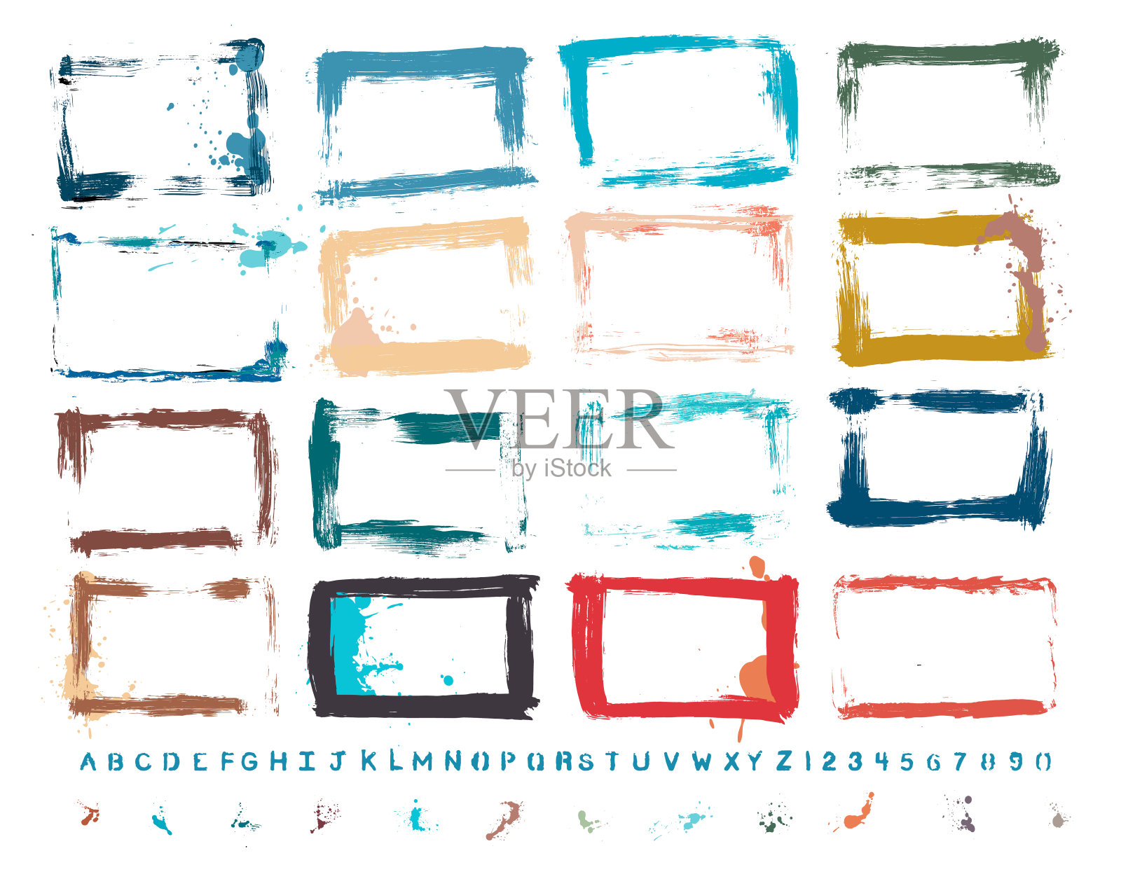 矢量手绘纹理边界和油漆喷溅集:艺术家自己的收藏插画图片素材