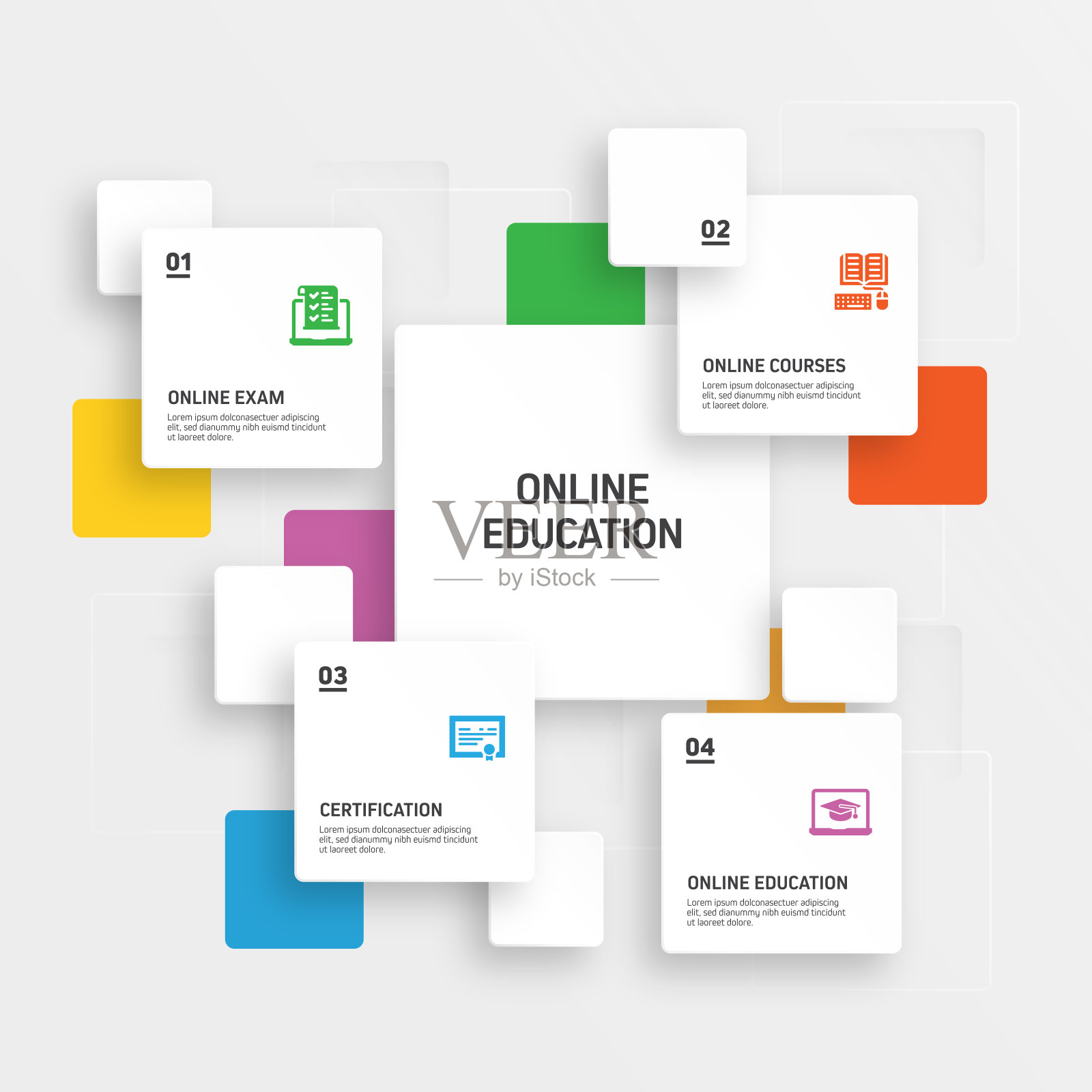 E-Learning, Online Education, Home Schooling相关的过程信息图模板。过程时间图。使用线性图标的工作流布局插画图片素材