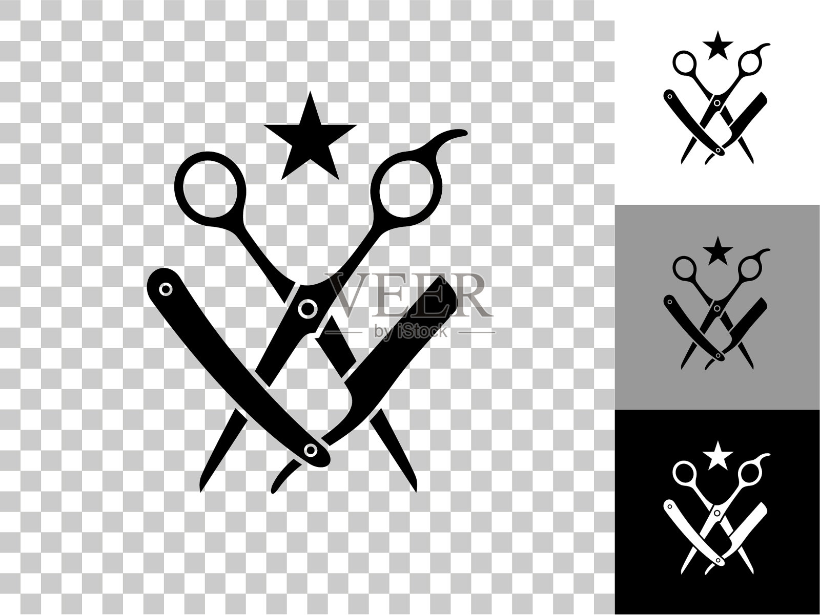 剪刀和刷子图标上的棋盘透明背景插画图片素材