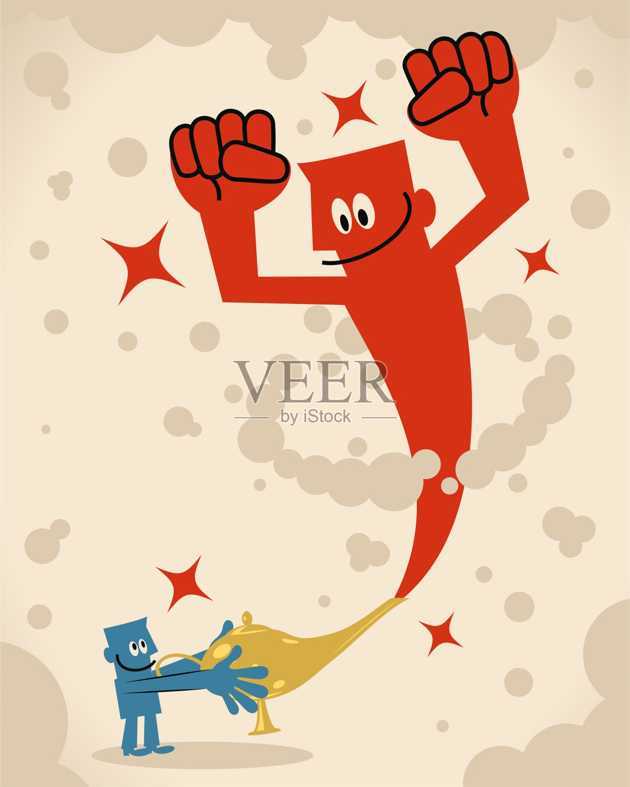 微笑的商人正在擦他的神灯，这个巨大的精灵出来了插画图片素材