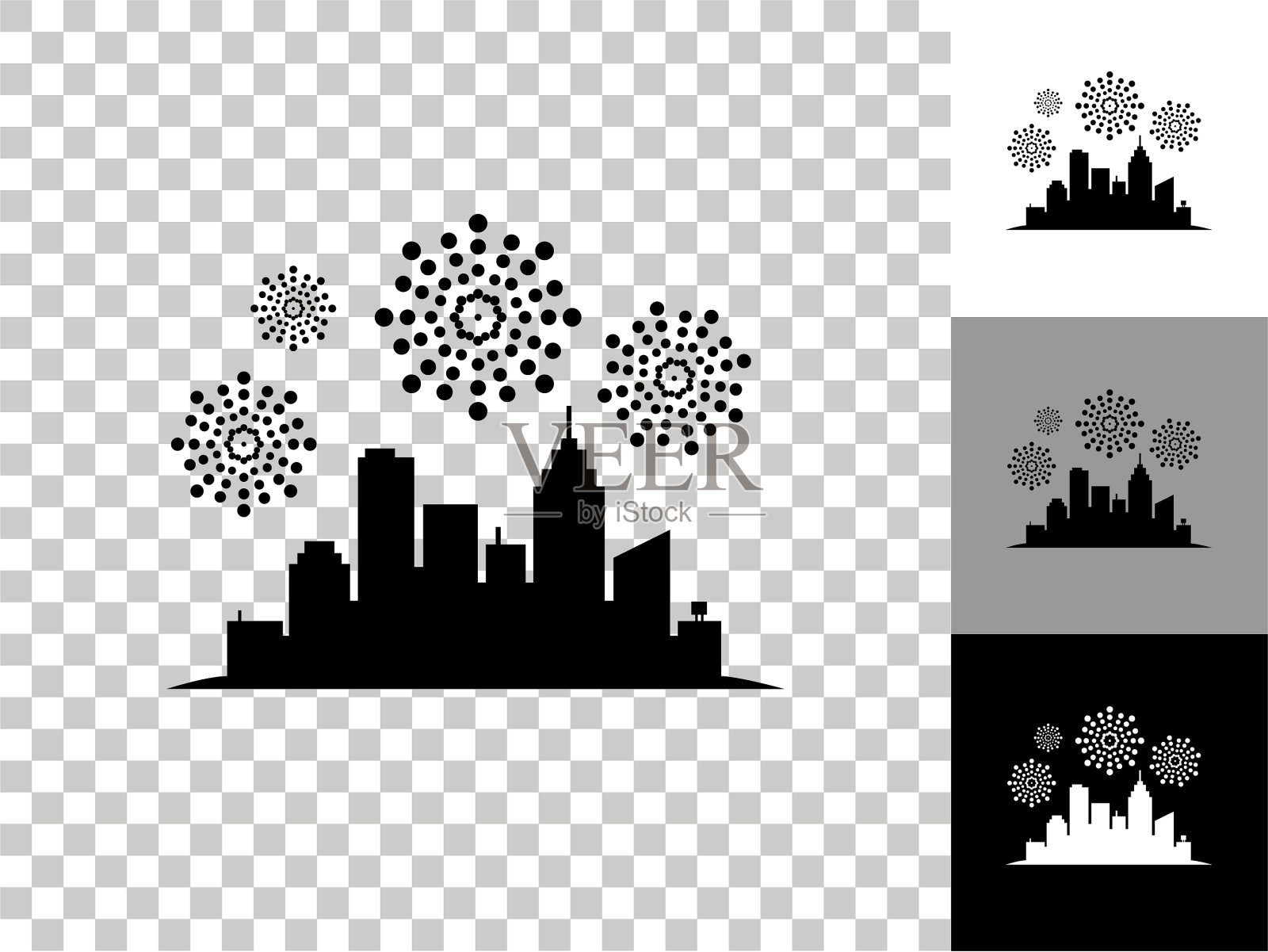 城市烟花图标在棋盘透明的背景插画图片素材