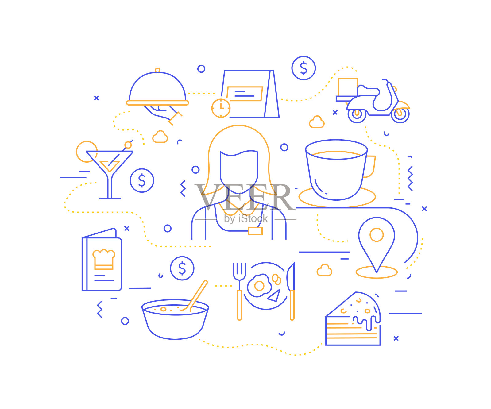 餐厅，食品和饮料相关的现代线条风格矢量插图插画图片素材