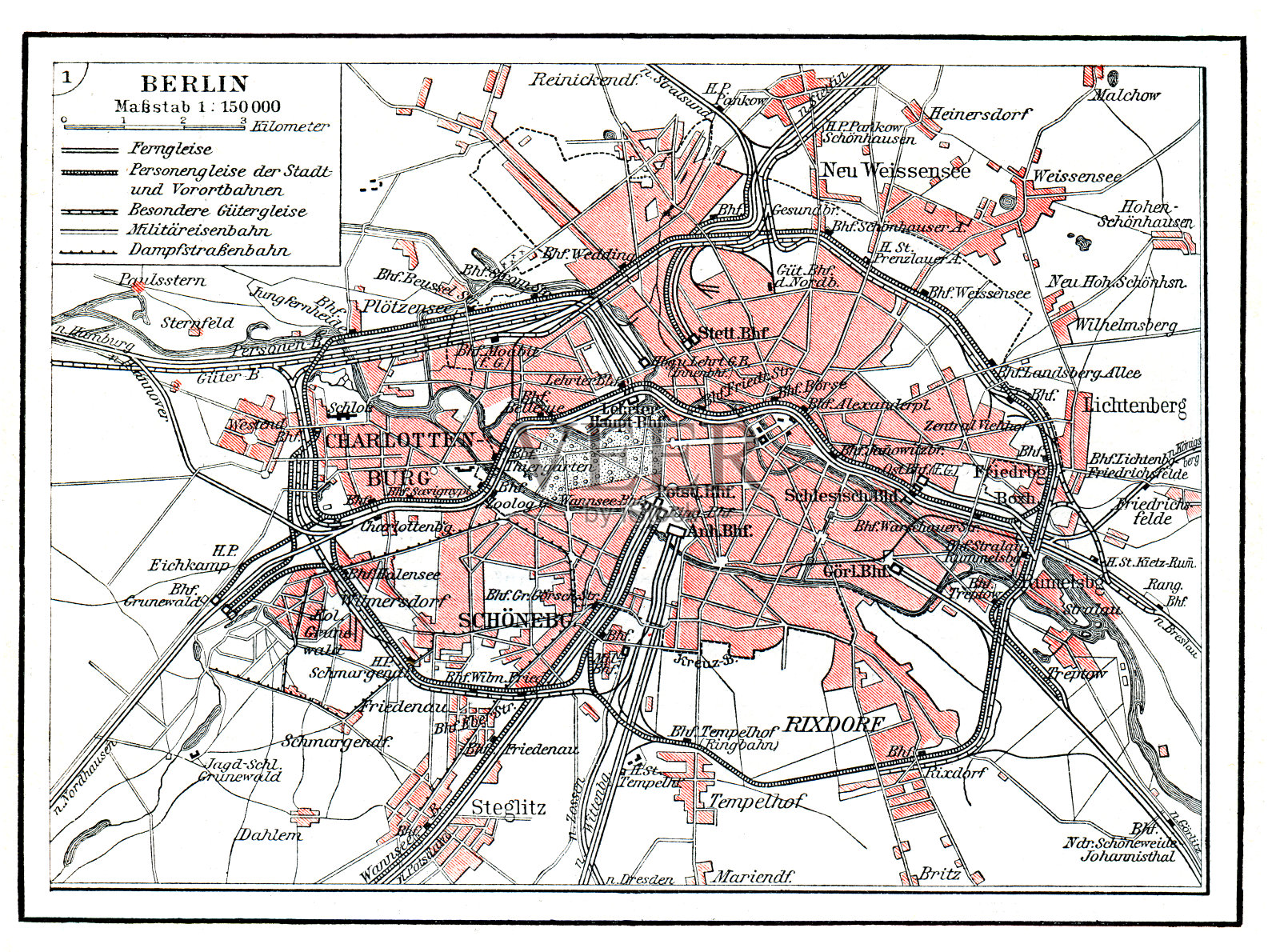 1897年的柏林德国城市地图，有铁路和地铁轨道插画图片素材