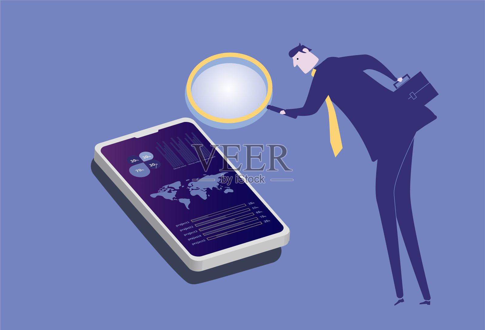 在手机上查找股市、大数据信息插画图片素材