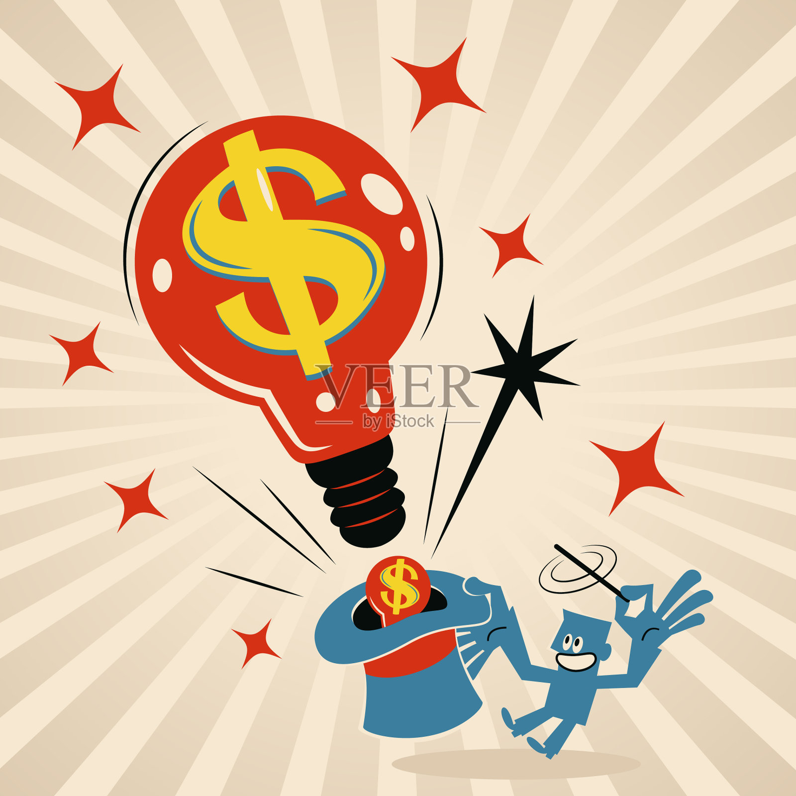 商人挥舞着魔棒，然后这个超级棒的创意灯泡，上面有美元符号(美元)，就从这顶魔术帽里出来了插画图片素材