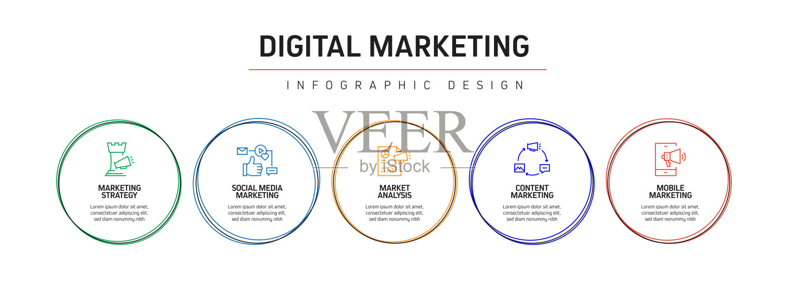 数字营销相关流程信息图模板。过程时间图。使用线性图标的工作流布局插画图片素材