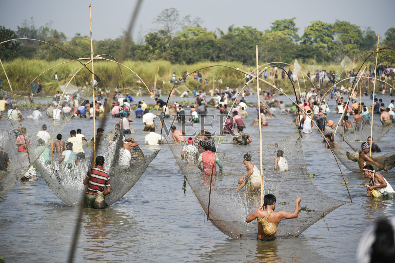 村民参与社区捕鱼作为Bhogali Bihu的一部分照片摄影图片