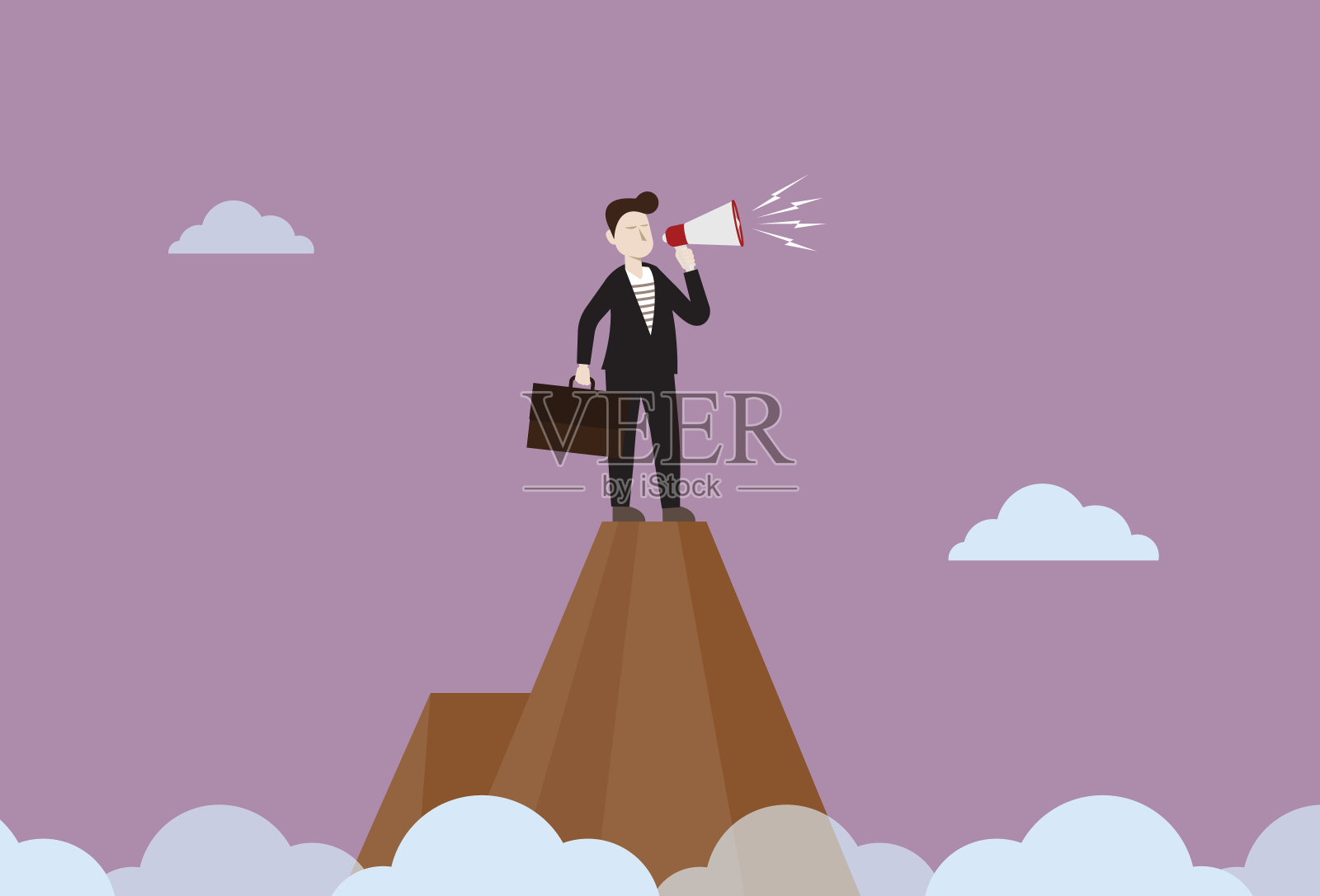 一个商人在山顶上使用扩音器插画图片素材