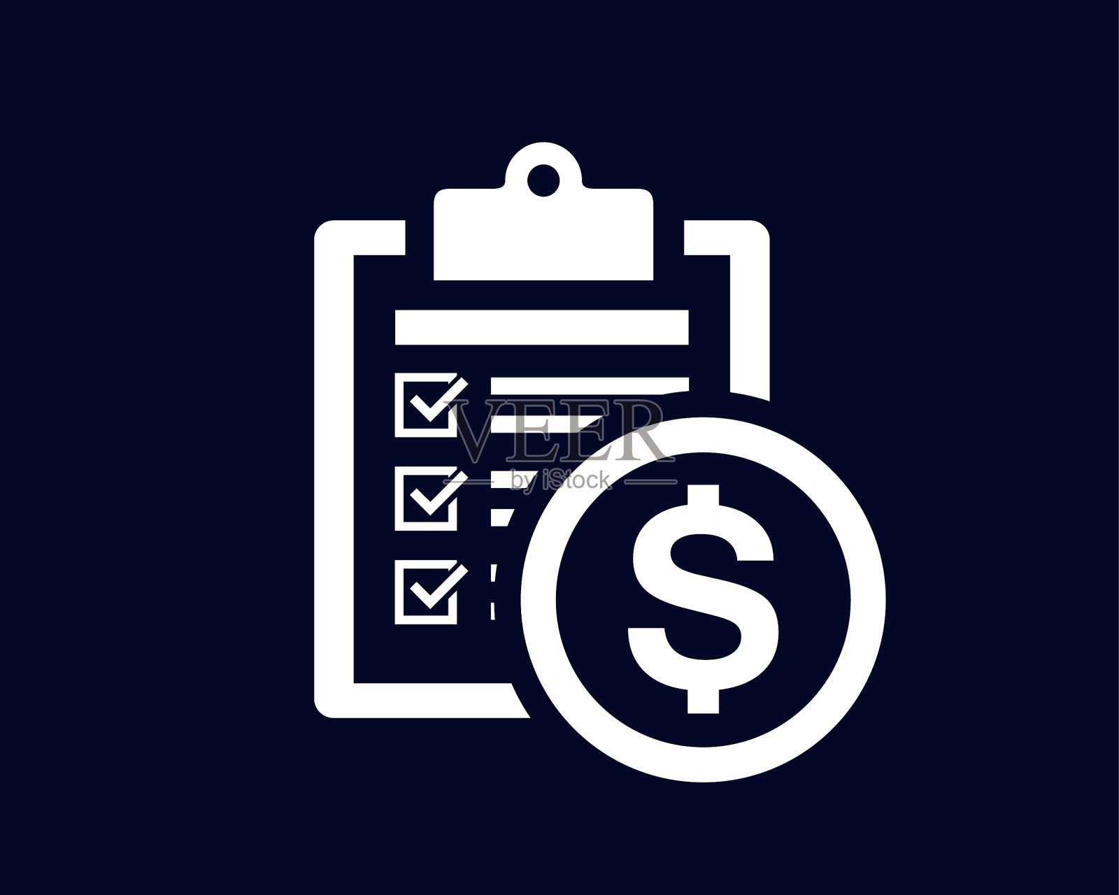 剪贴板上带有勾勾标记的文档列表，带有美元货币符号-向量插画图片素材