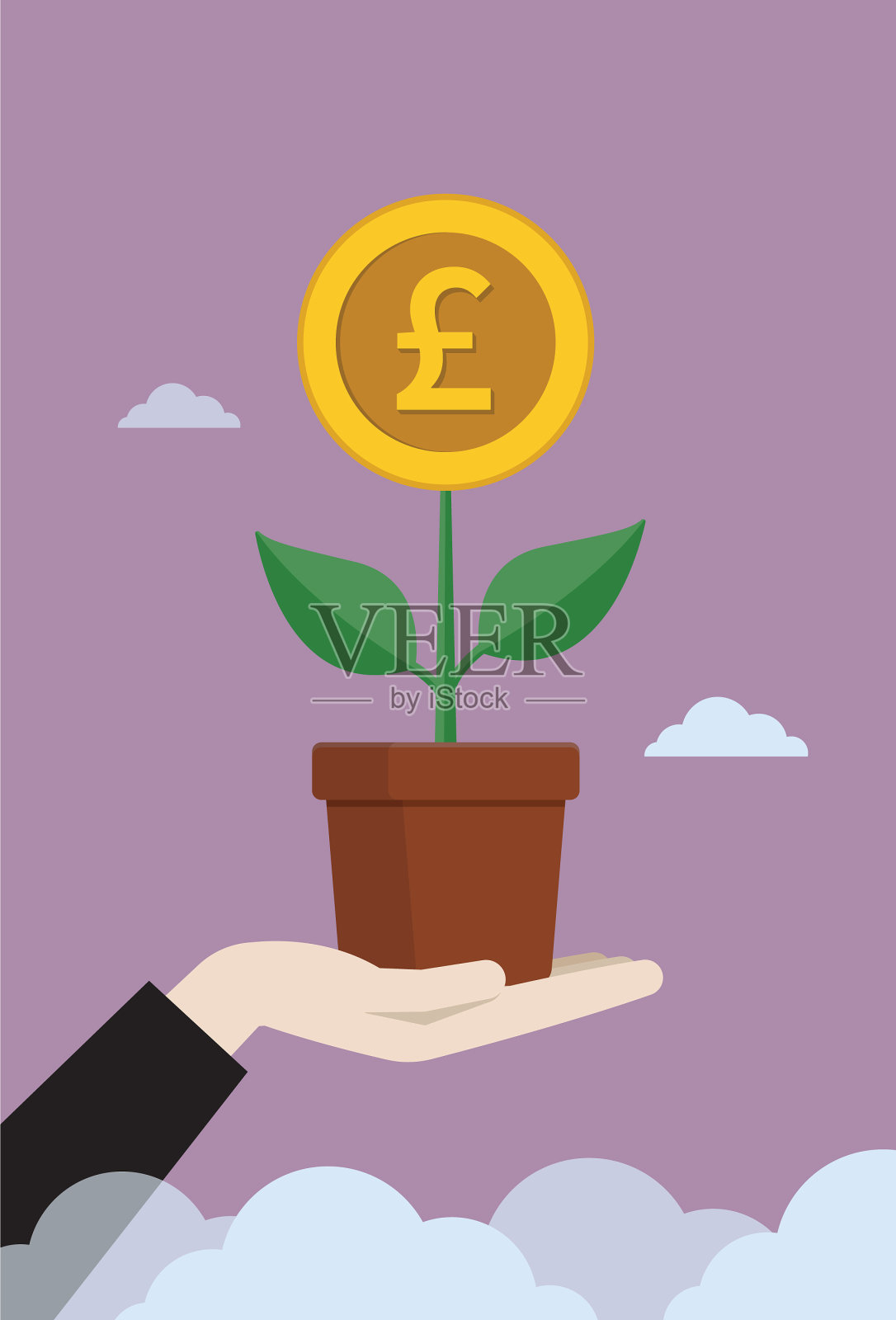 商人种植一棵英镑硬币树插画图片素材