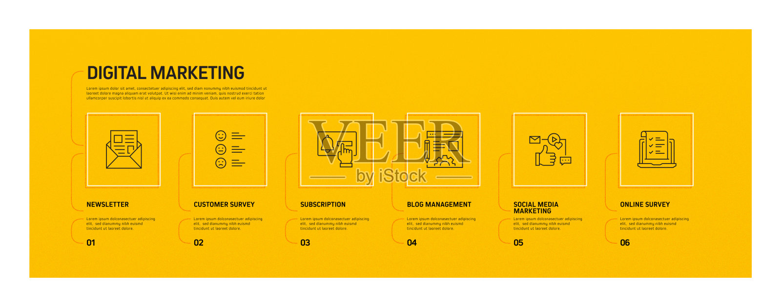数字营销相关流程信息图模板。过程时间图。使用线性图标的工作流布局插画图片素材