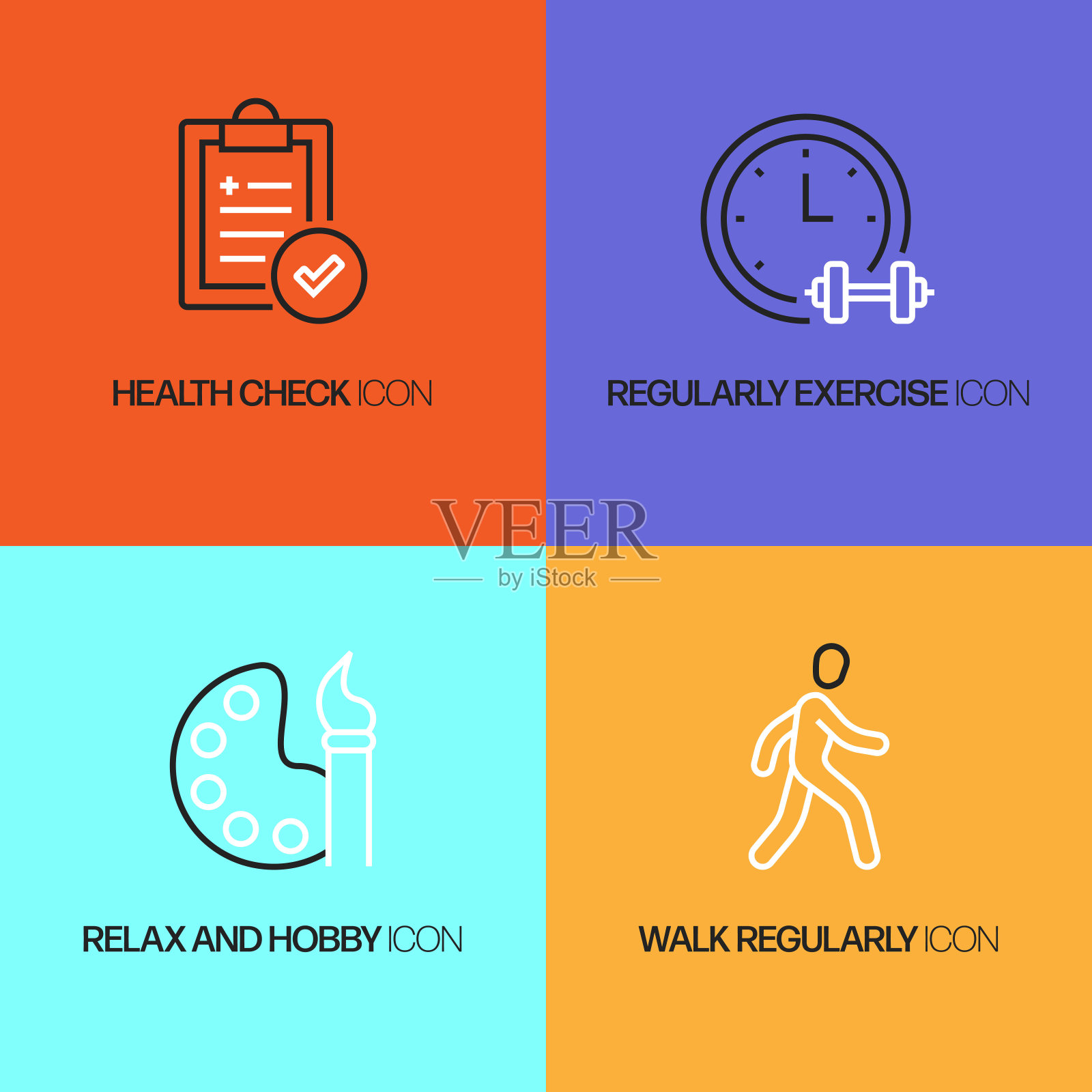 健康生活方式相关的线条图标。向量符号说明。插画图片素材