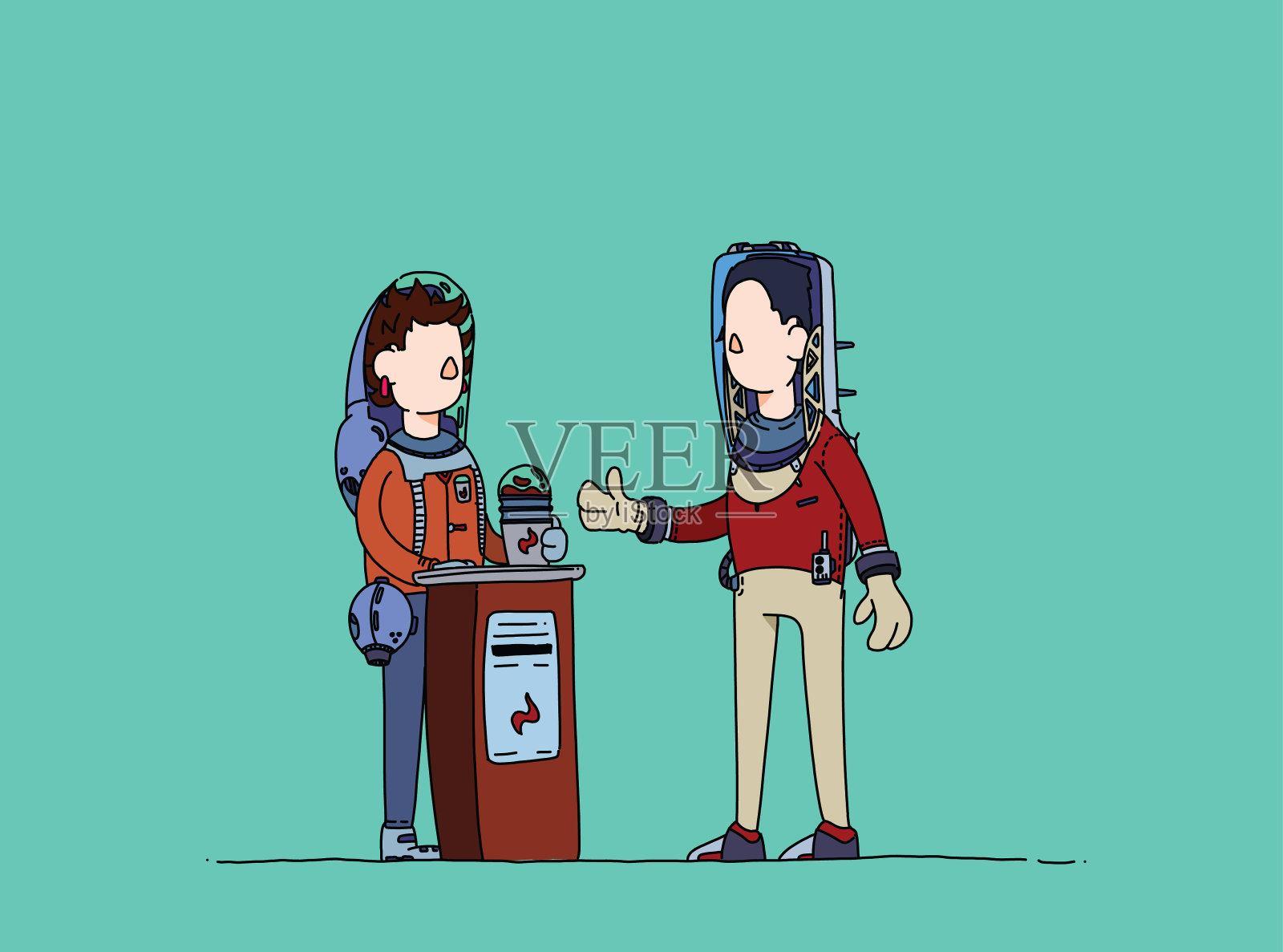 白人男子和女子购买咖啡。在太空中戴口罩，保持社交距离。插画图片素材