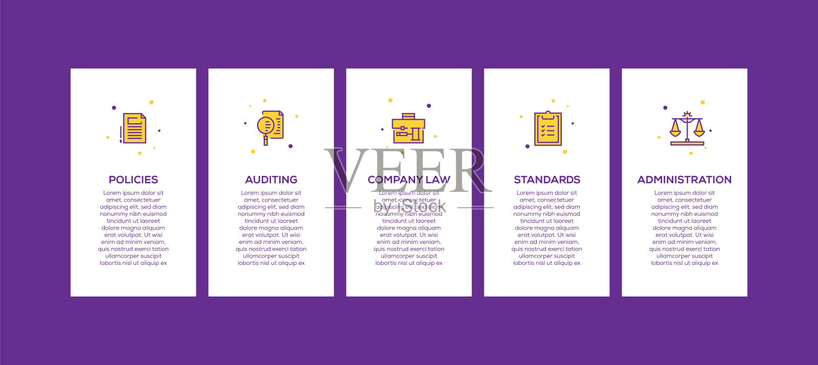 信息图表设计模板。政策，审计，公司法律，标准，管理图标5个选项或步骤。插画图片素材