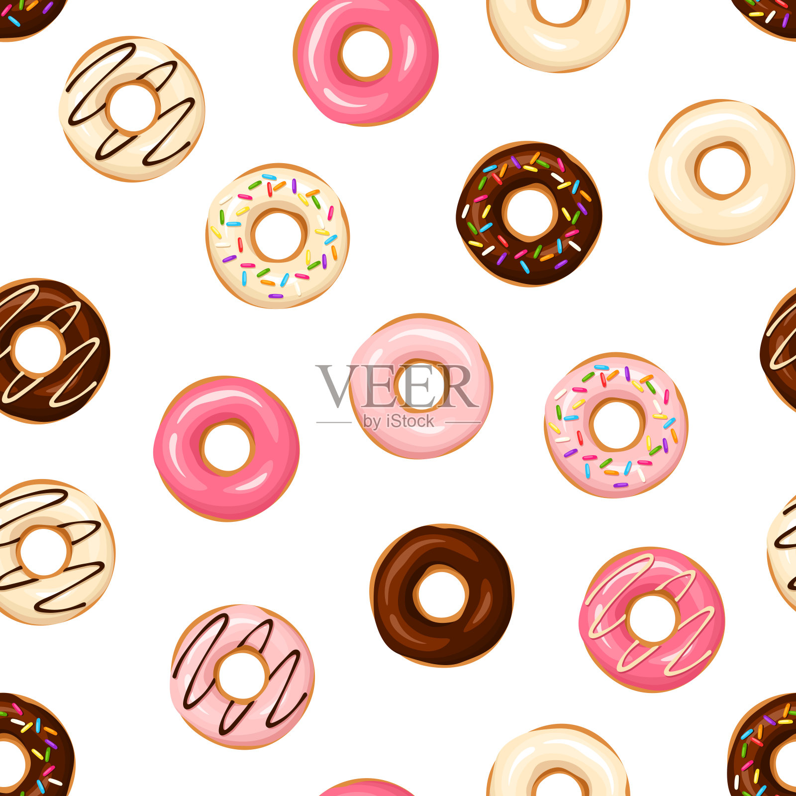 无缝图案与彩色甜甜圈在白色。矢量图插画图片素材