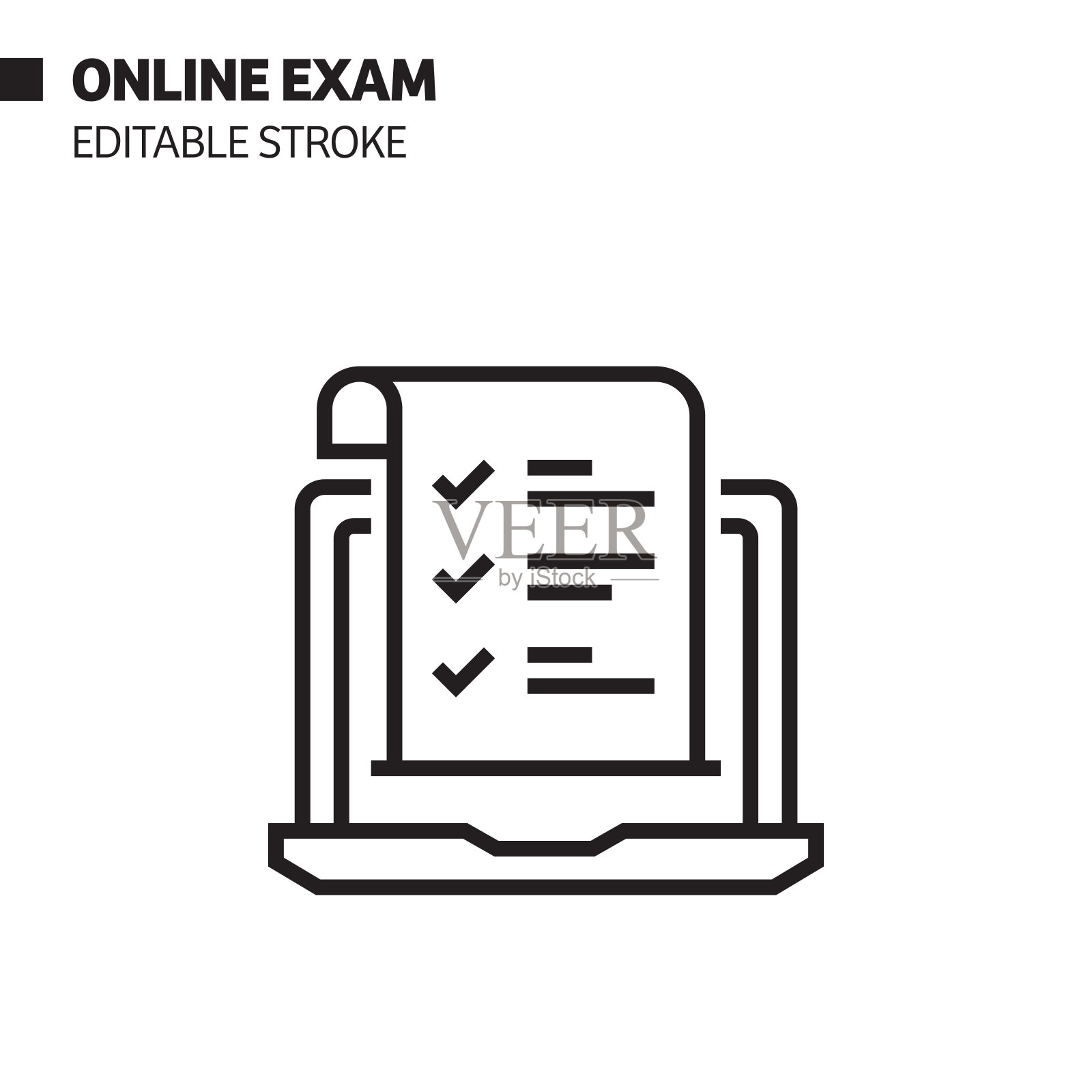 在线考试线图标，轮廓向量符号插图。完美像素，可编辑的描边。插画图片素材