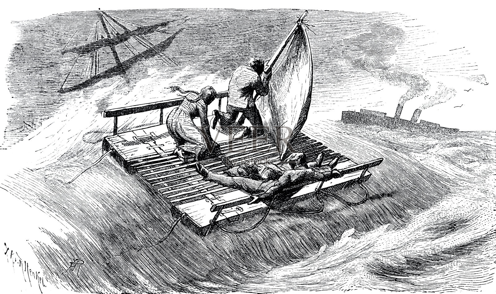 在暴风雨中有12人的救生船插画图片素材