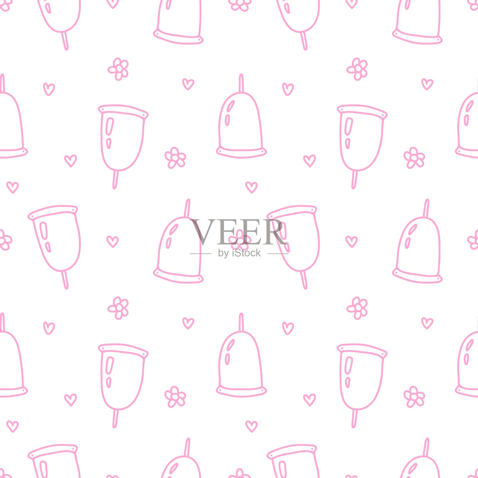 月经杯上的无缝图案。女性卫生产品。月经的保护。月经周期、经前综合症。时期。女性卫生。手绘。涂鸦风格。月经杯。插画图片素材