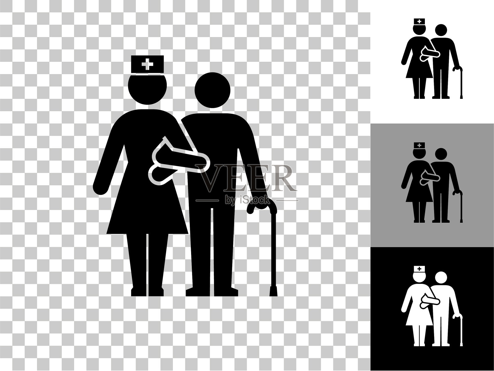 病人与女性护士图标在棋盘透明的背景插画图片素材