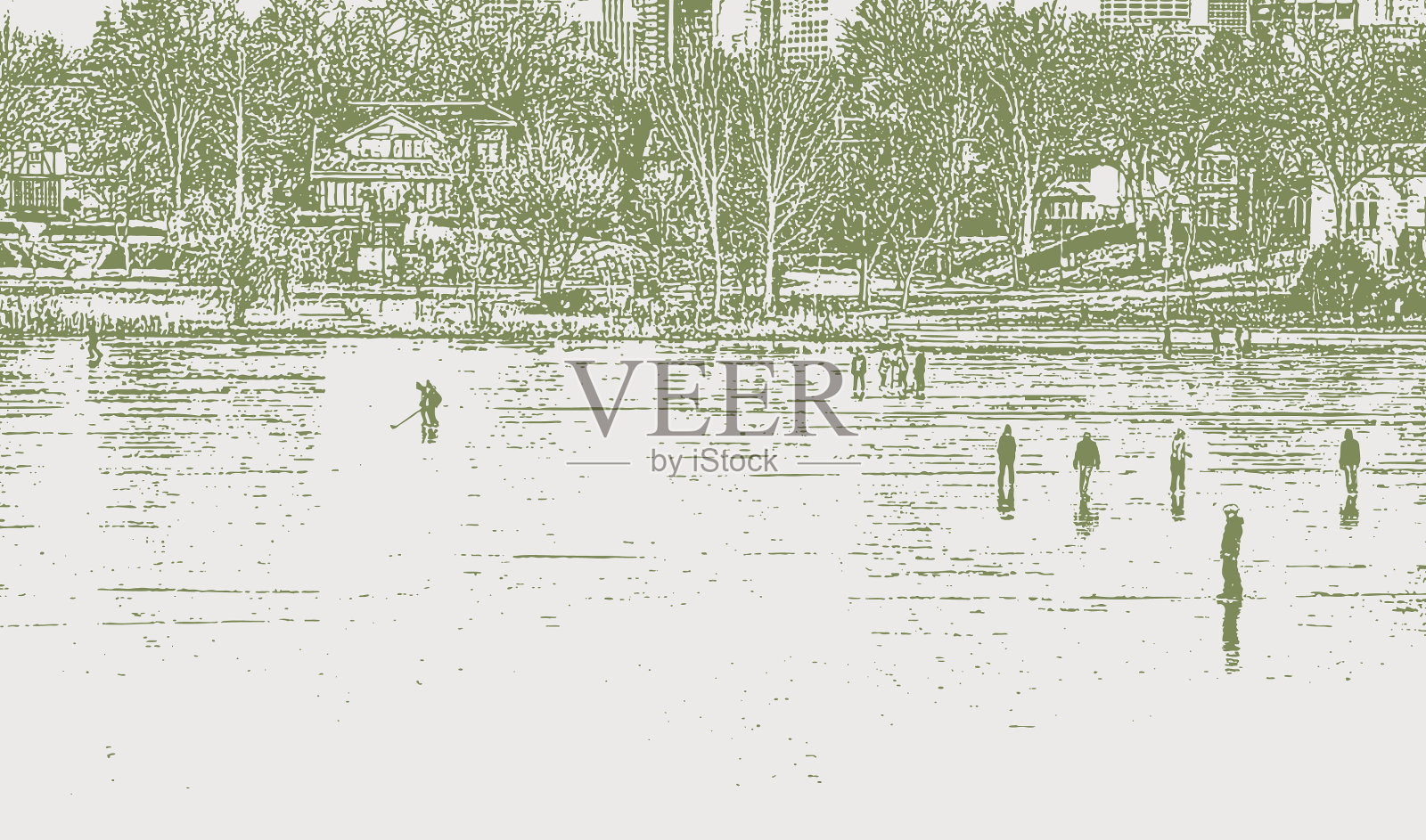 一群人在结冰的湖面上滑冰插画图片素材