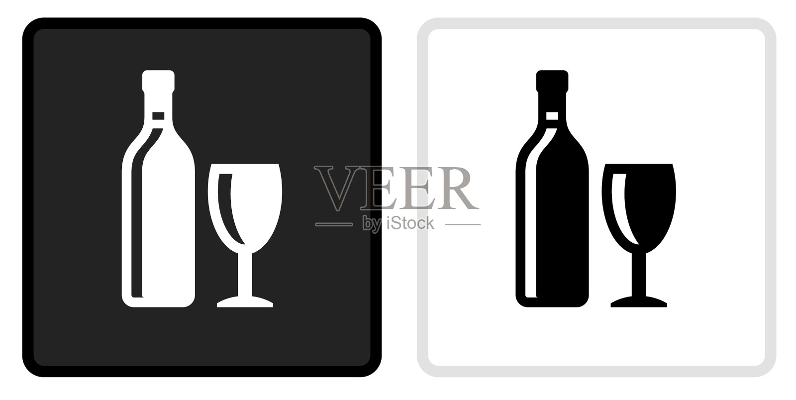 酒瓶和玻璃图标上的黑色按钮与白色翻转插画图片素材