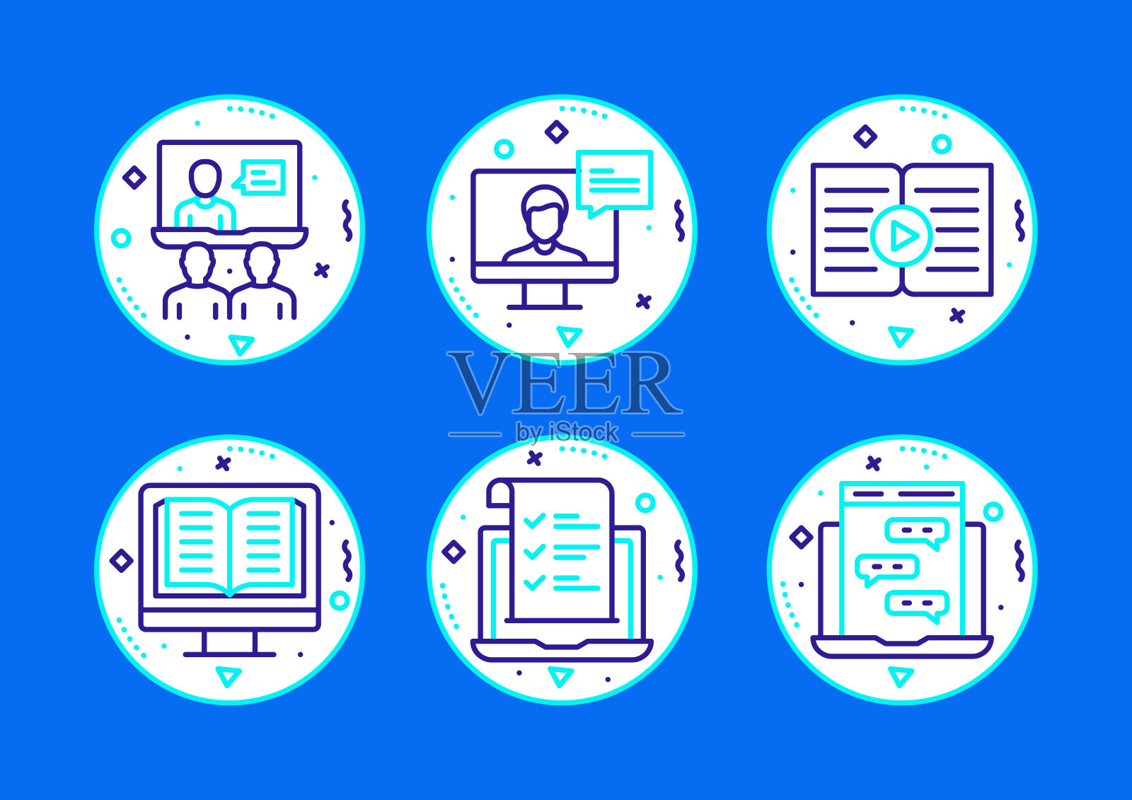 电子学习，在线教育和远程教育相关的线图标。向量符号说明。插画图片素材