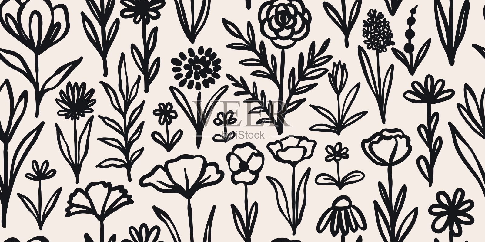 树叶树枝和手绘涂鸦涂鸦花卉植物横幅。无缝模式。创意极简抽象艺术背景。设计墙面装饰、明信片、海报或宣传册插画图片素材