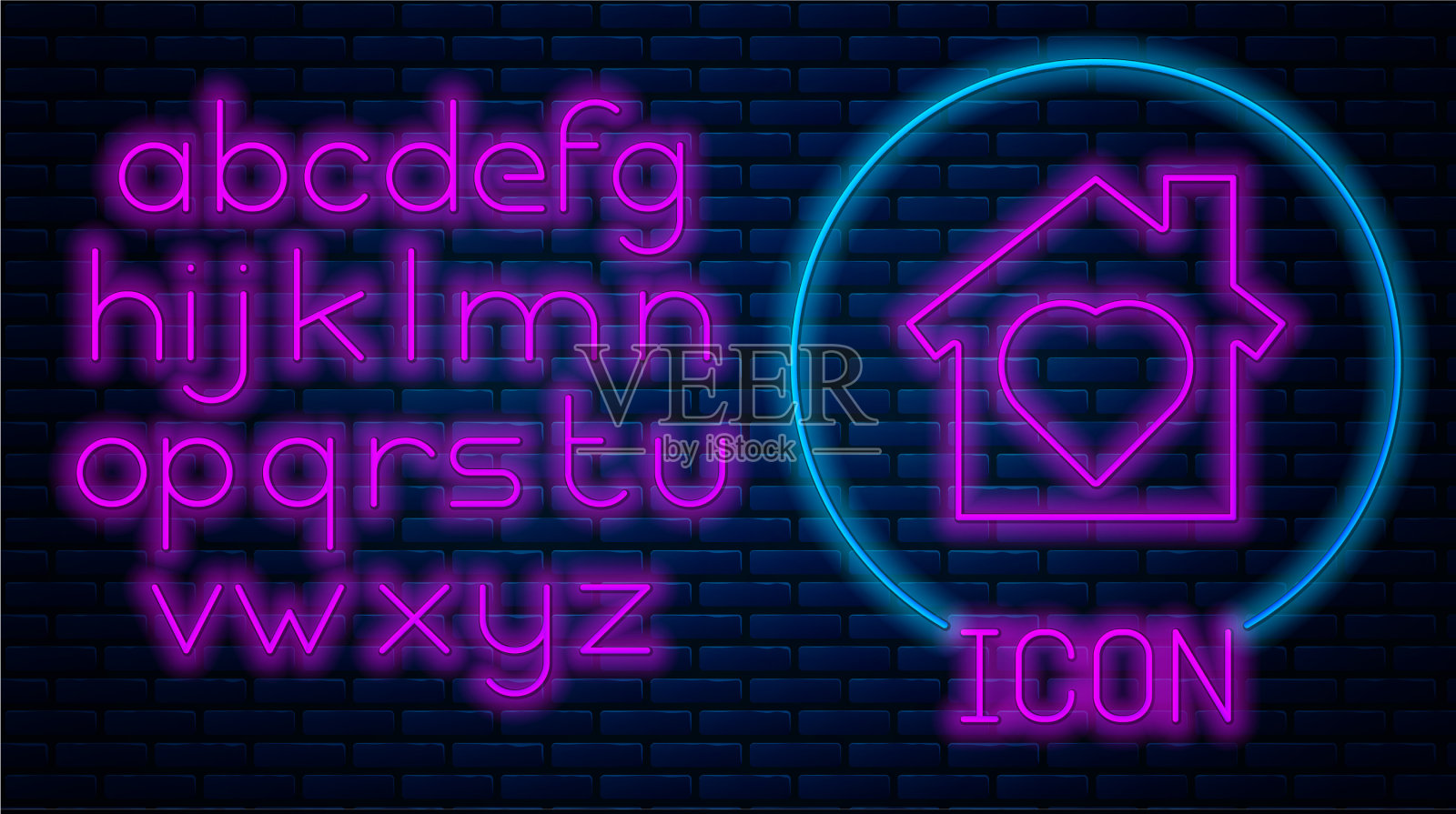 发光的霓虹房子内与心的图标隔离插画图片素材