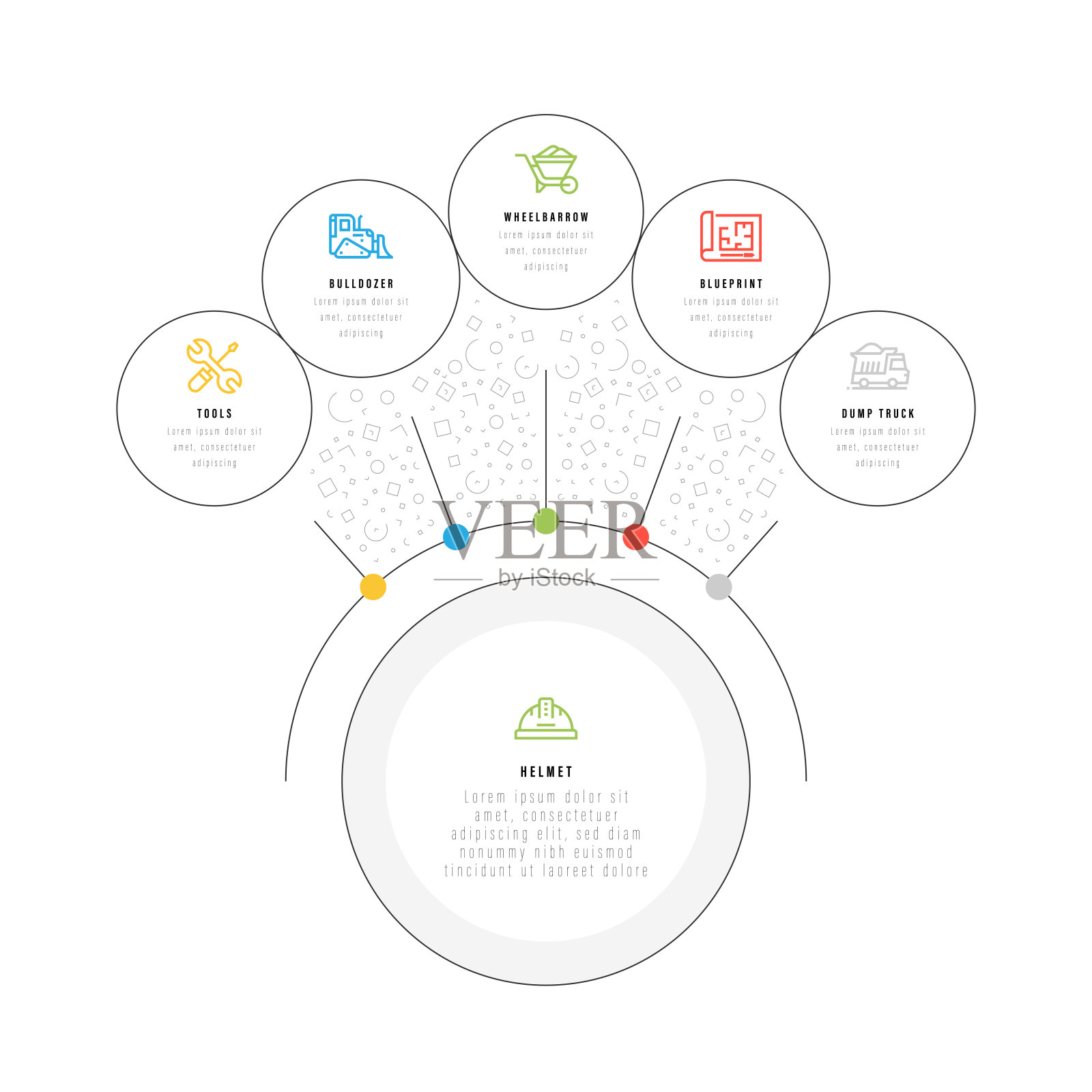 信息图设计模板。工具，推土机，手推车，蓝图，自卸卡车，头盔图标与6个选项或步骤。插画图片素材
