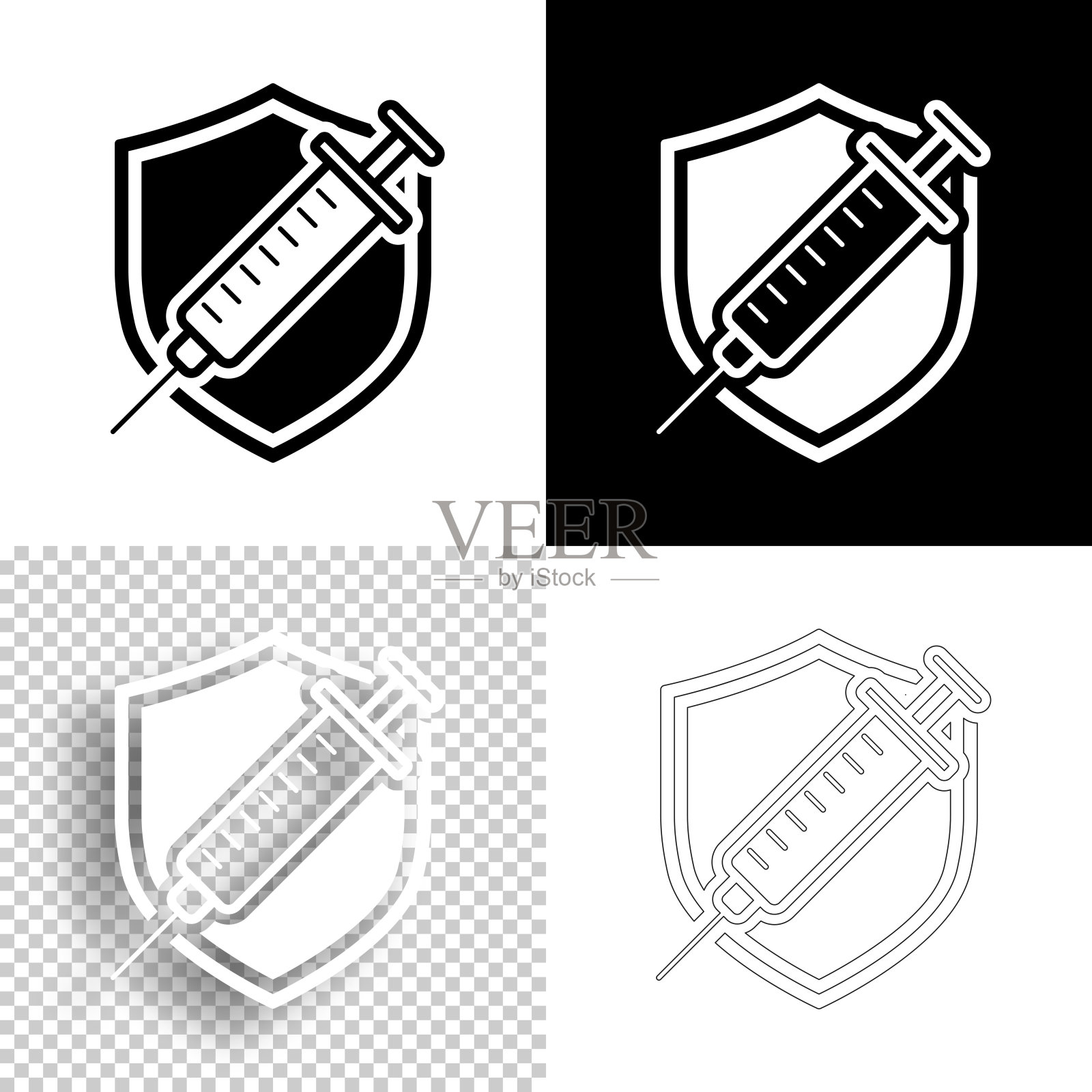 疫苗-接种疫苗保护。图标设计。空白，白色和黑色背景-线图标插画图片素材