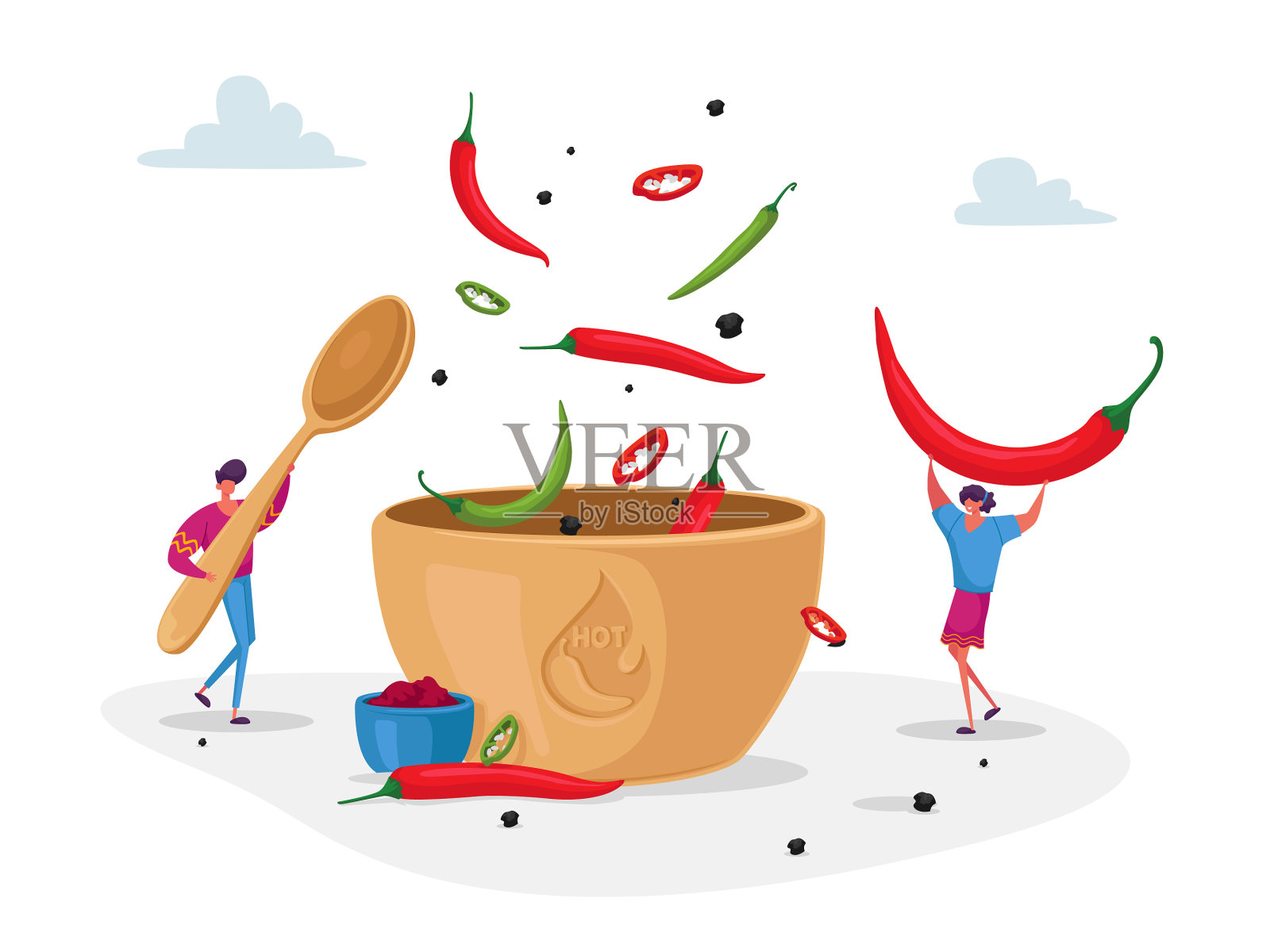 人物煮辣的食物小男人和女人插画图片素材