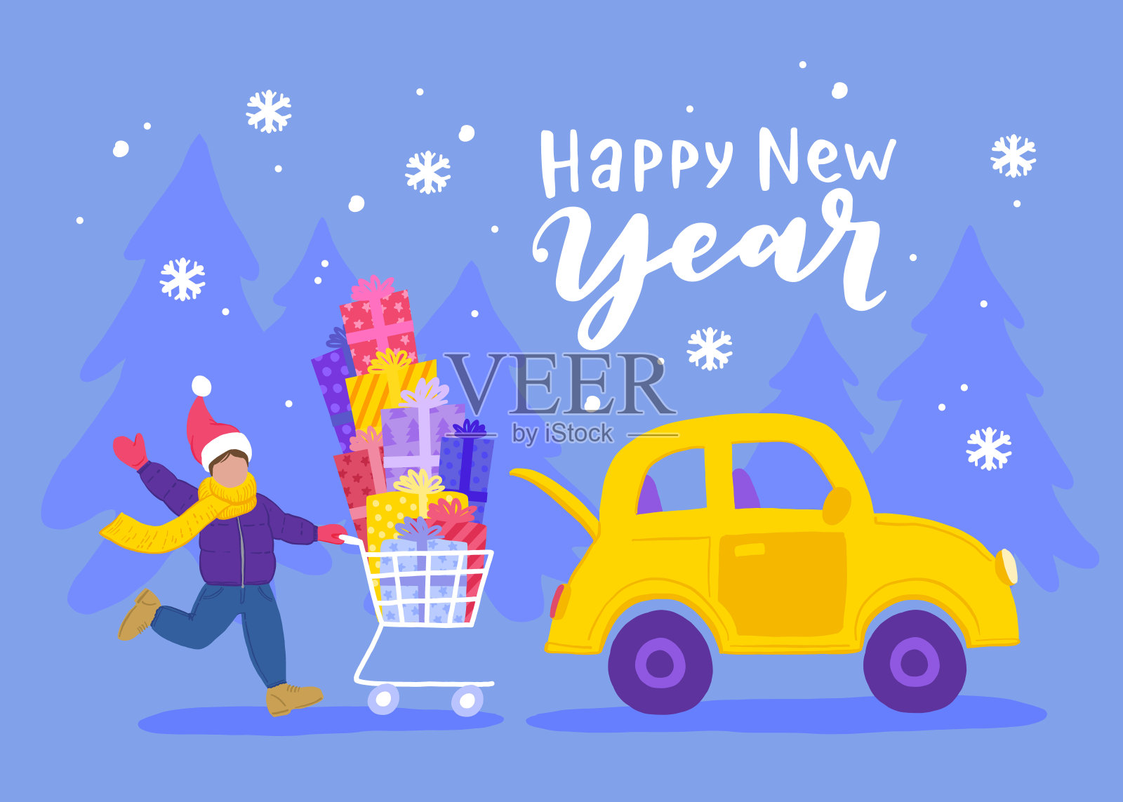 新年假期，圣诞礼物购物。一个快乐的年轻人推着一大堆礼物走向他的车插画图片素材