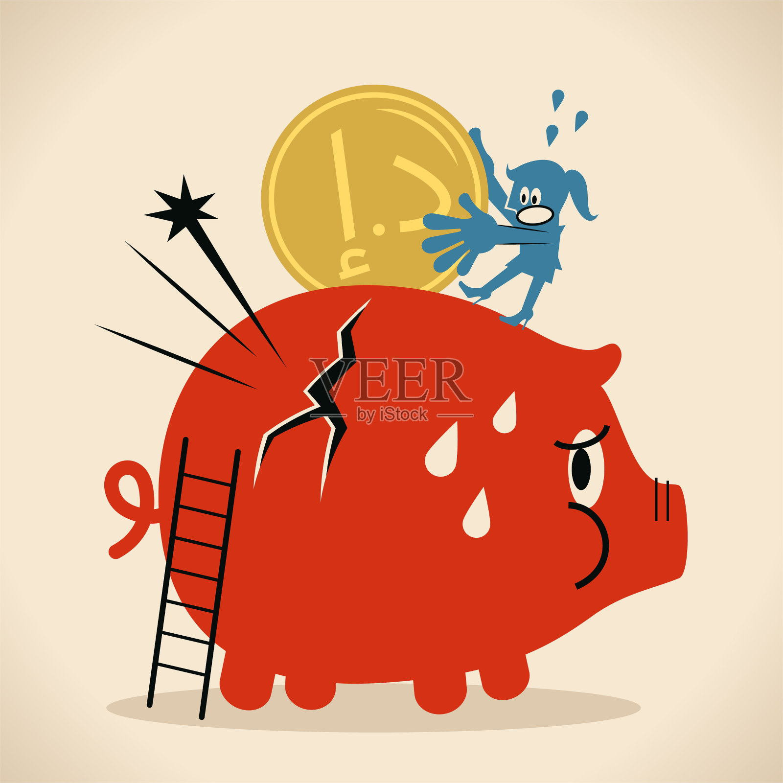 一个女人将阿联酋货币放入打破的储蓄罐插画图片素材