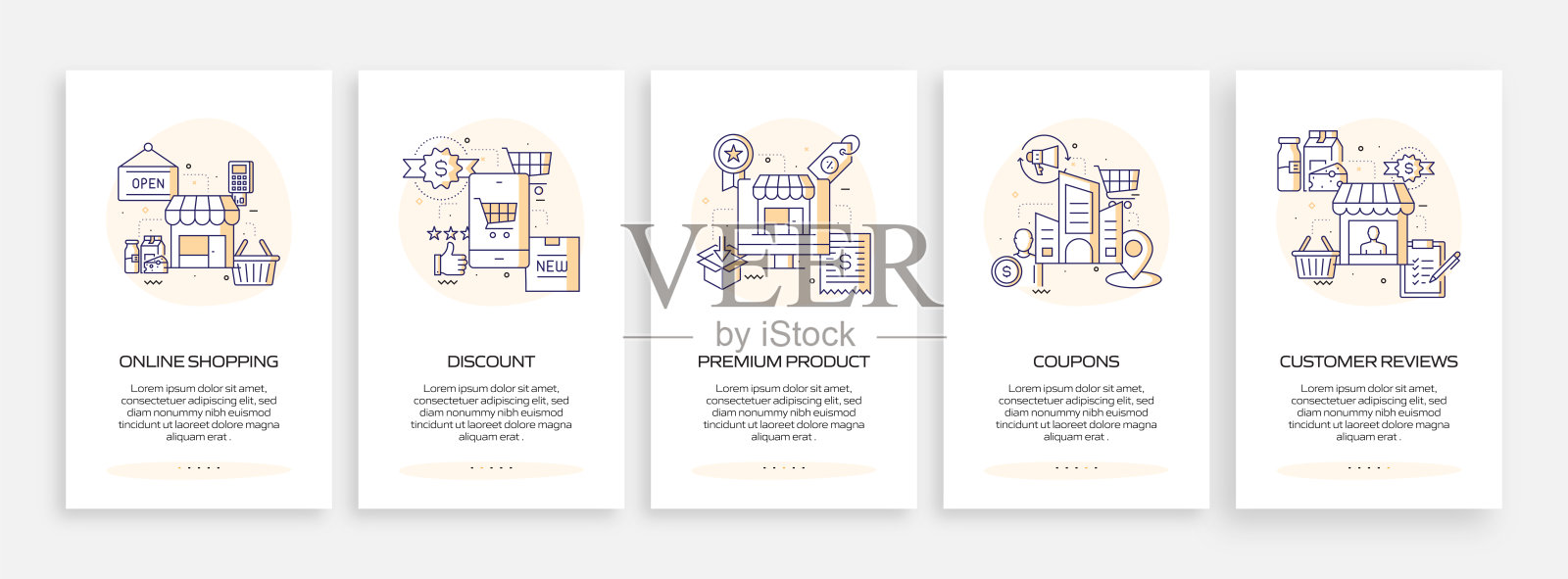 购物和零售概念入门移动应用程序页面屏幕与平面图标。UI设计模板矢量插图插画图片素材