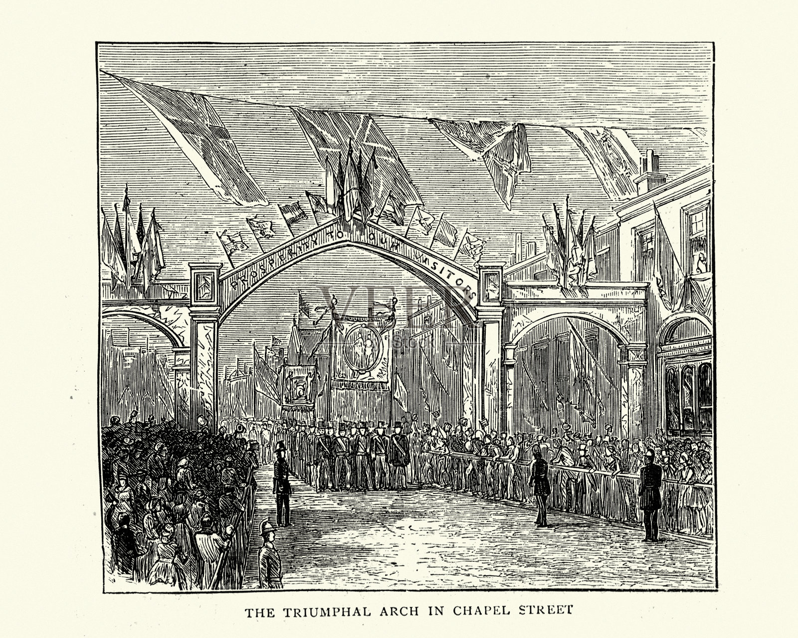 凯旋门和游行，礼拜堂街，Southport, 1872年插画图片素材