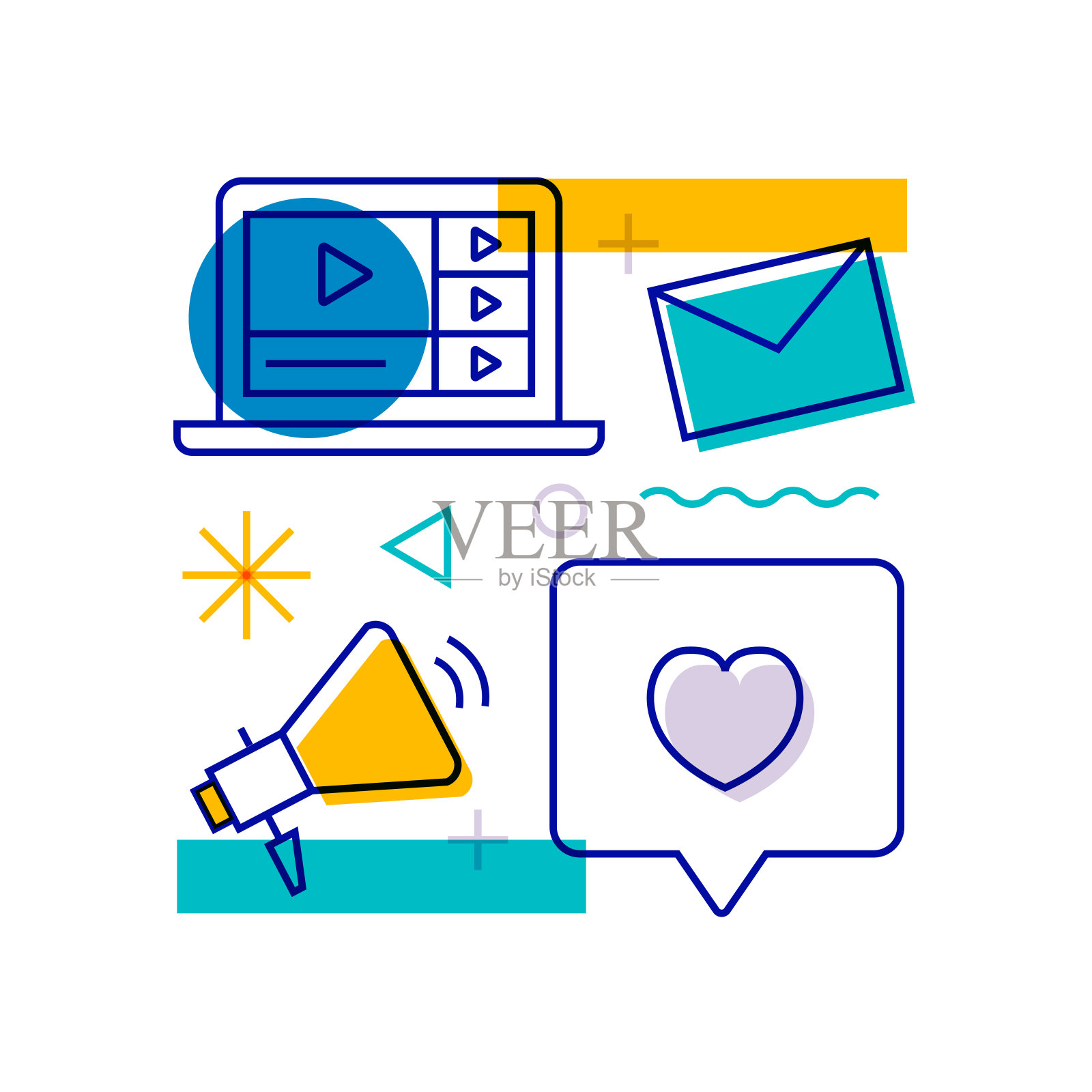 数字营销相关设计元素。带有轮廓图标的图案设计。色彩斑斓的矢量图插画图片素材