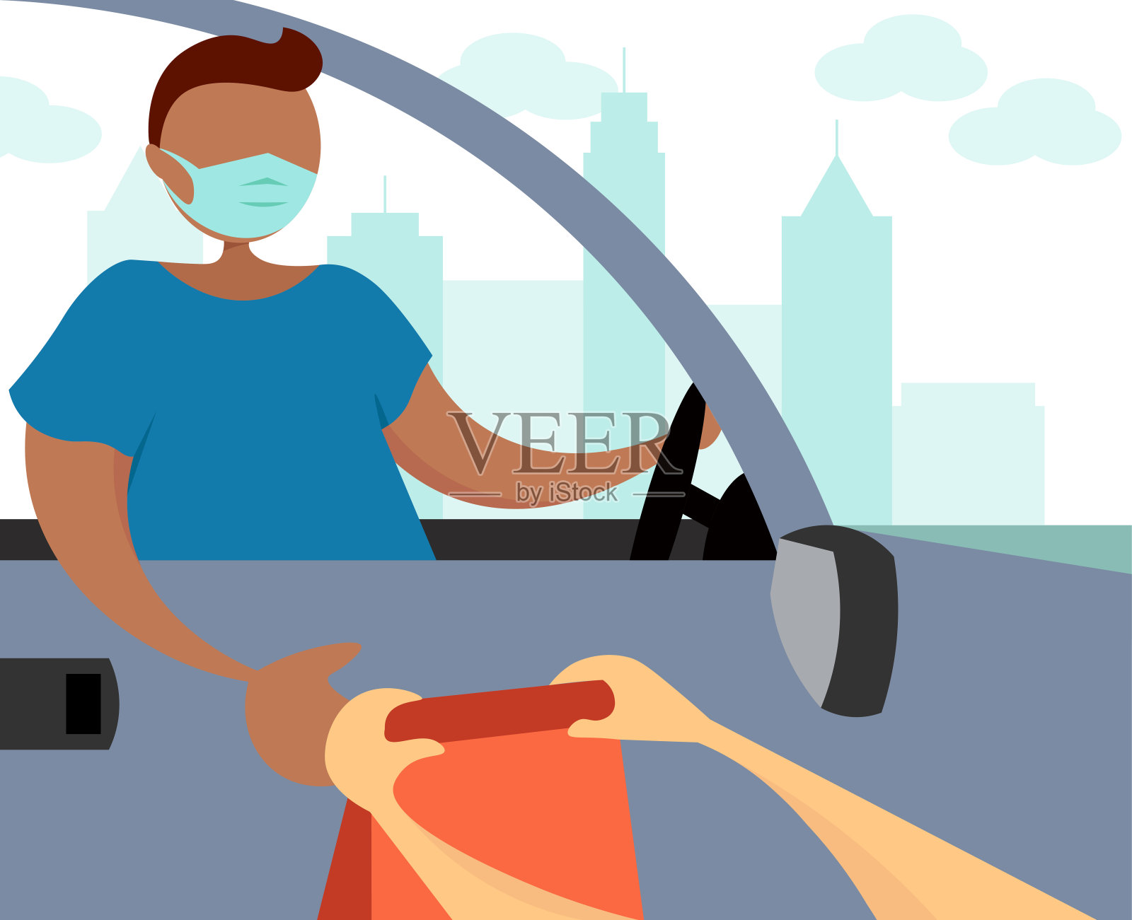 一个年轻人从她的车里拿餐厅的食物插画图片素材