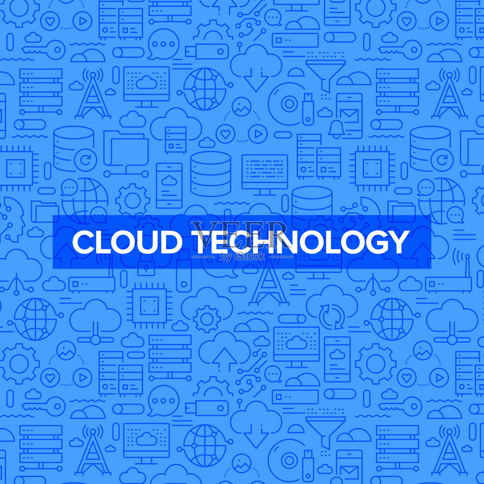 云技术线图标与网页横幅无缝模式设计插画图片素材
